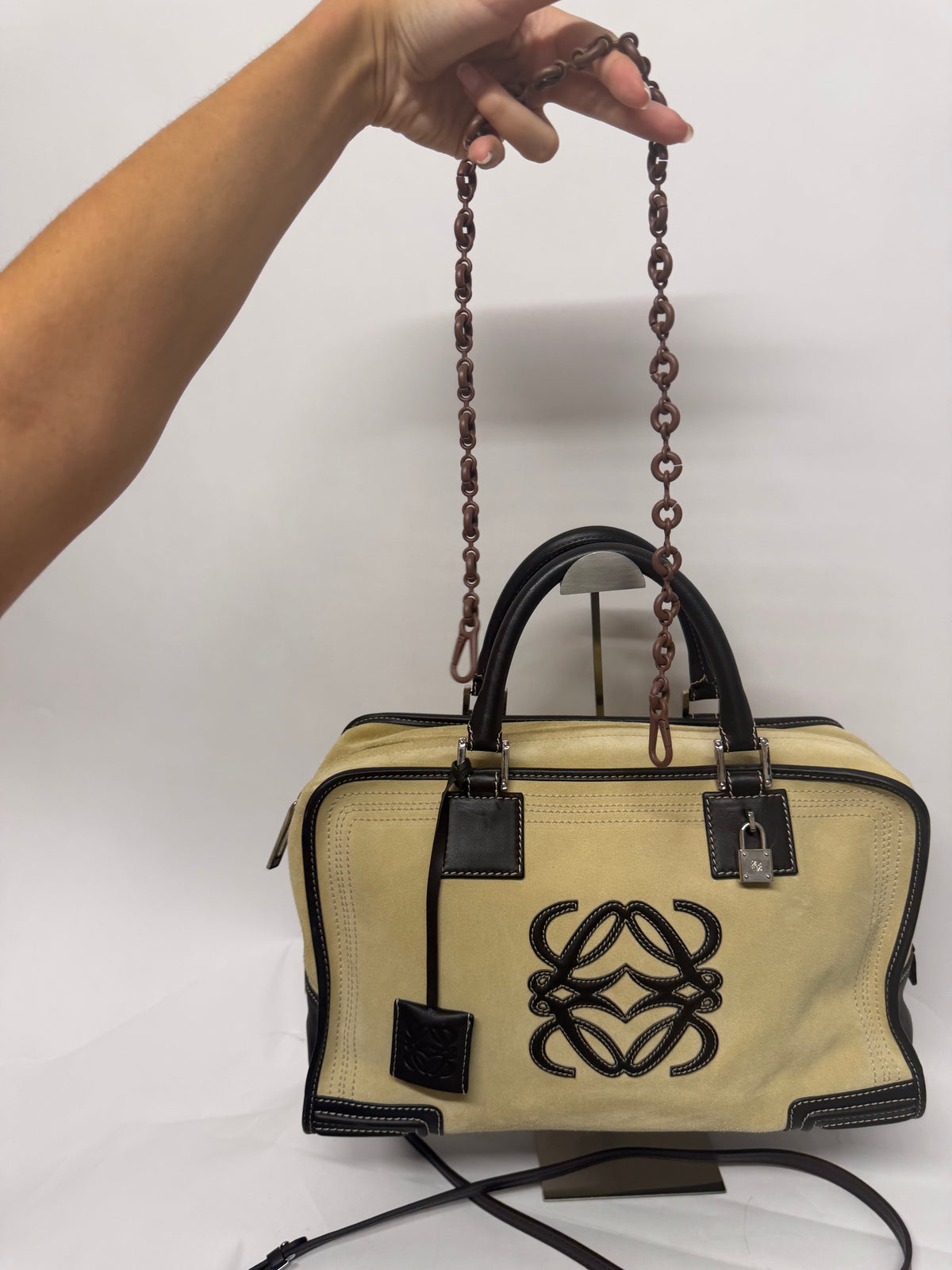 Loewe Amazona 36 Ante oro Beige y Piel Marrón Oscuro