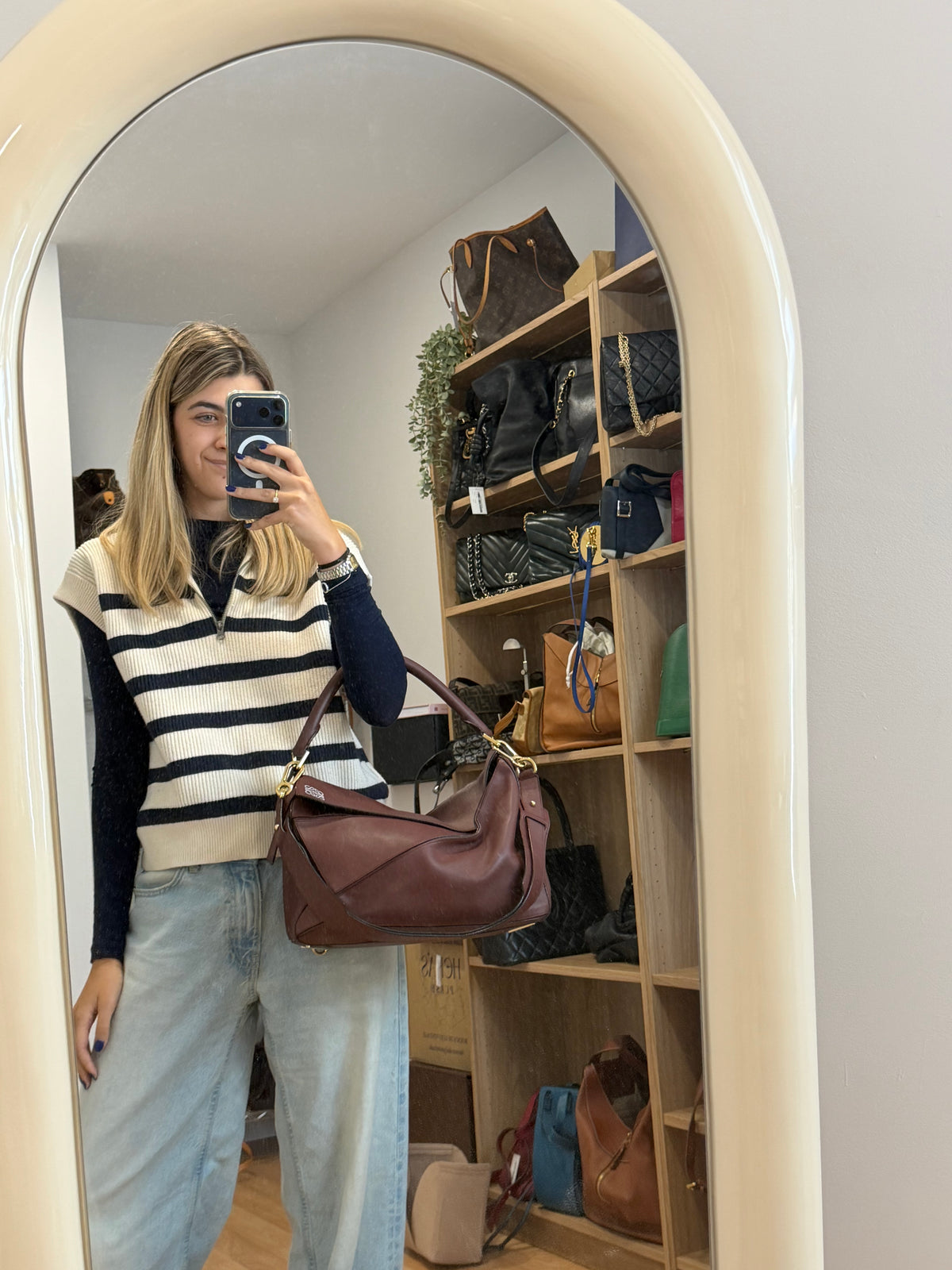 Loewe Puzzle Grande Piel Marrón Oscuro Teja · Herrajes Dorados · con Bandolera