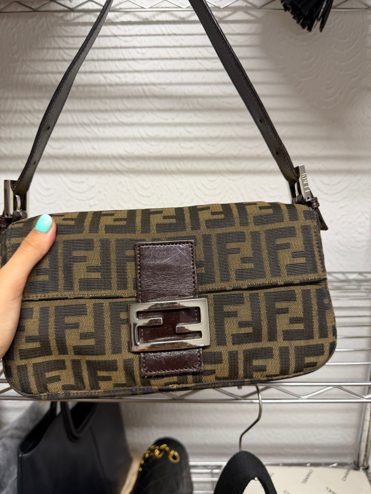 Fendi Baguette Lona Zucca y Piel Marrón