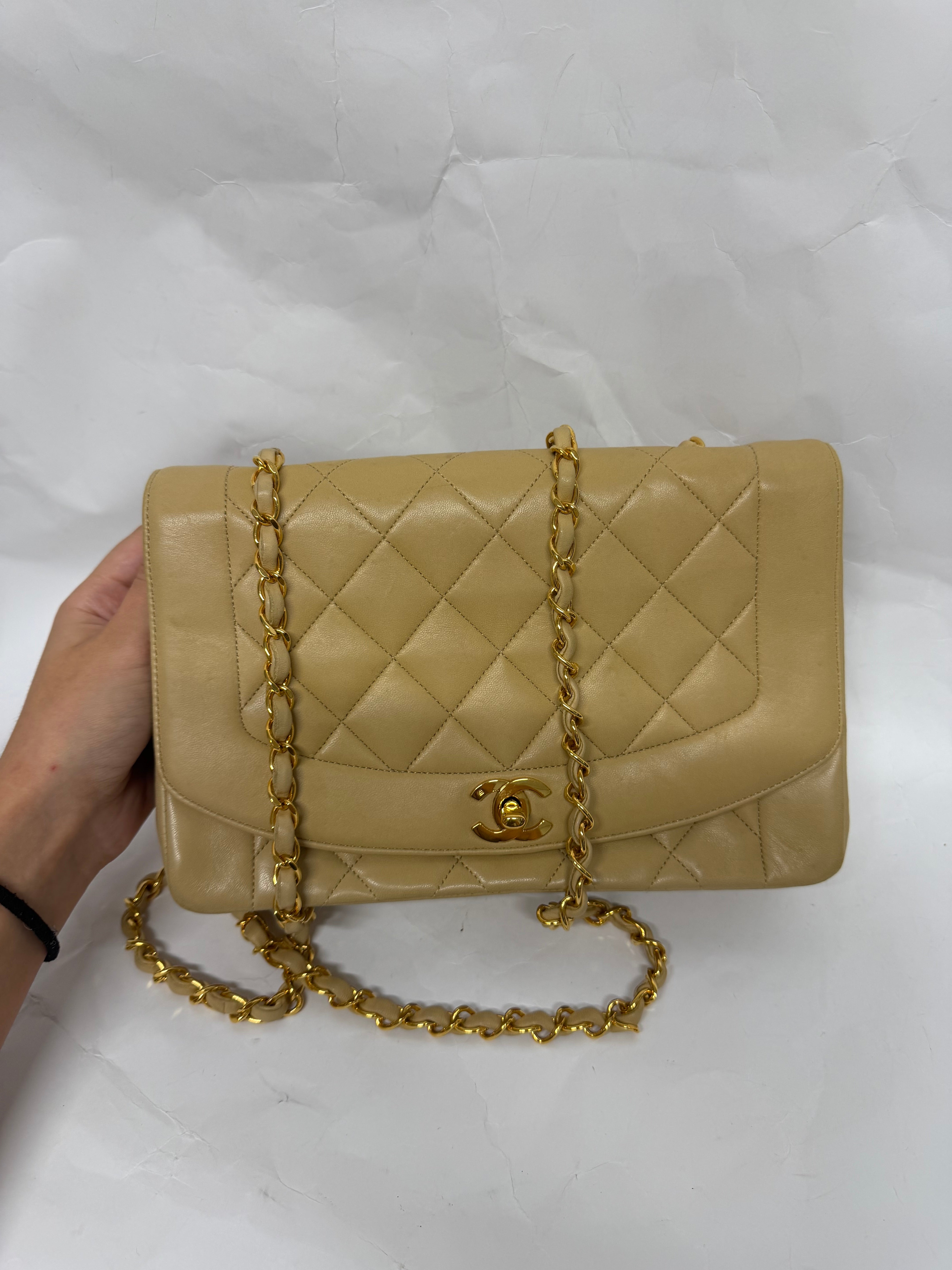 Chanel Diana Matelassé Lambskin Chain Shoulder Bag | Beige