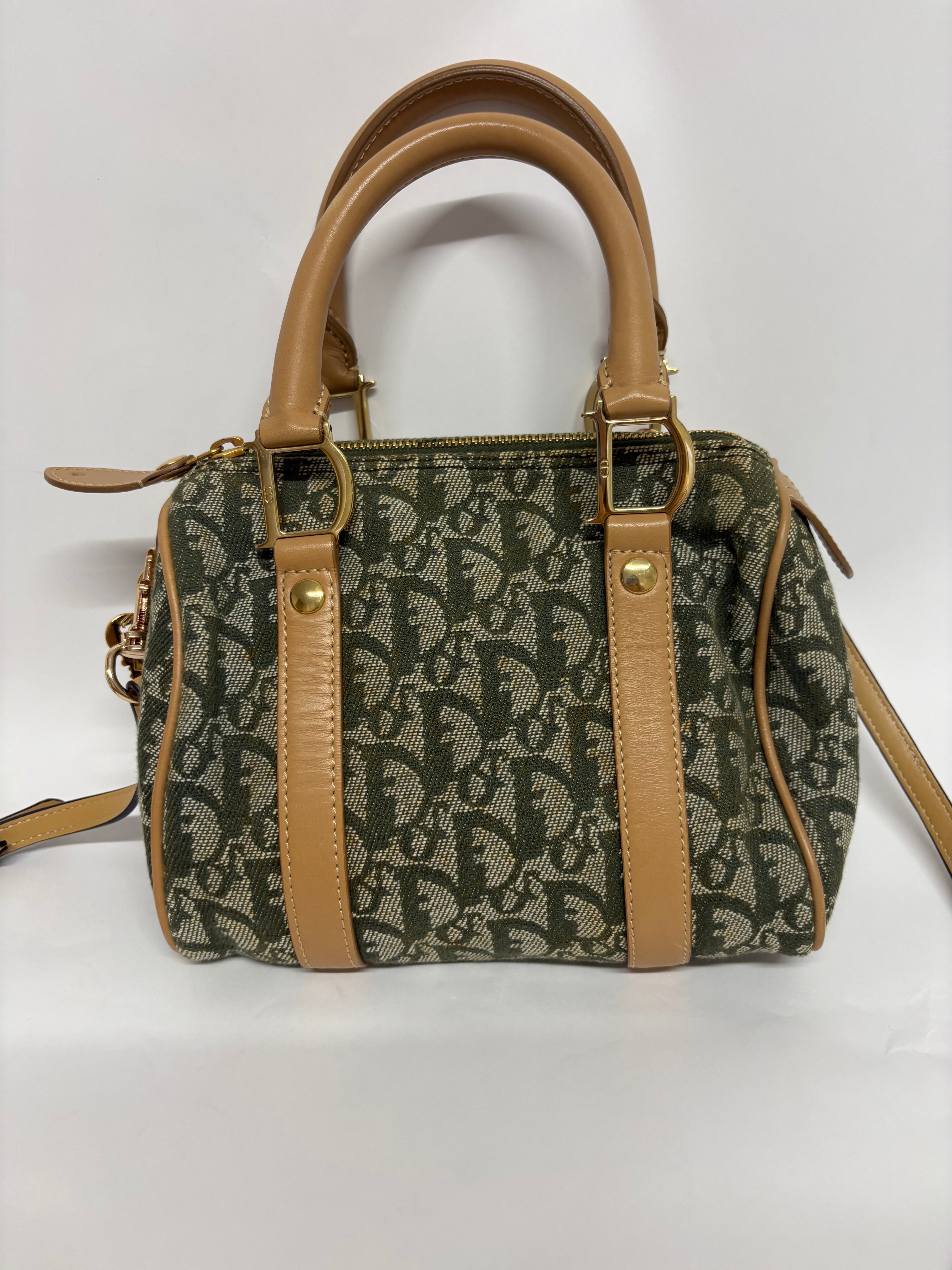 Christian Dior mini Trotter Boston Bag verde y beige con bandolera extra