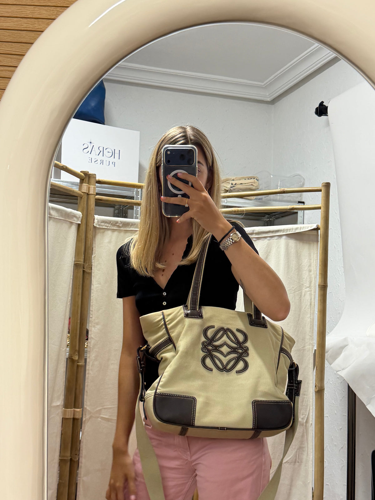 Loewe Tote Lona Crema con Anagrama en Piel Marrón y bandolera