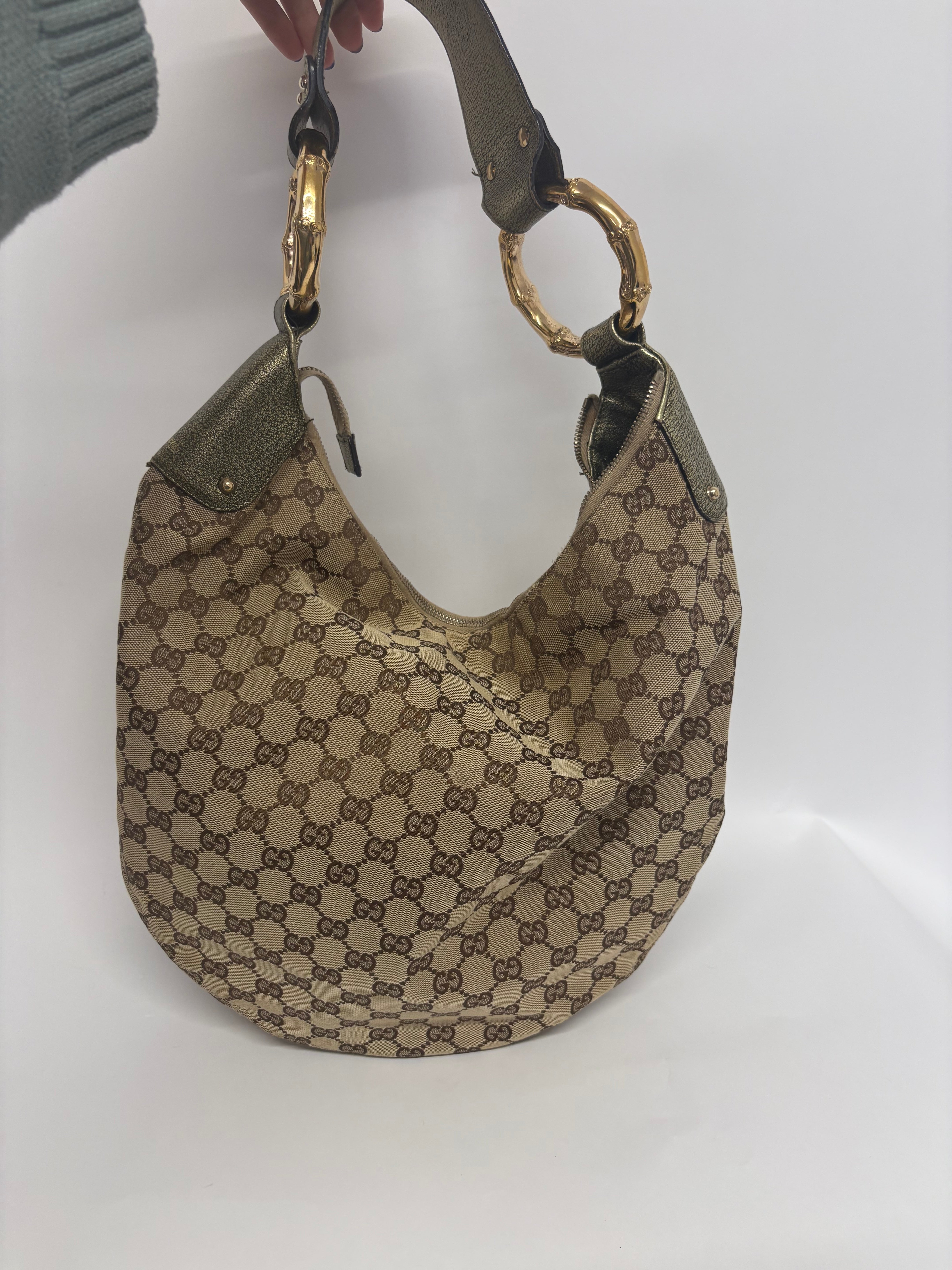 Gucci Bamboo ring  GG Canvas con Metal verde metalizado