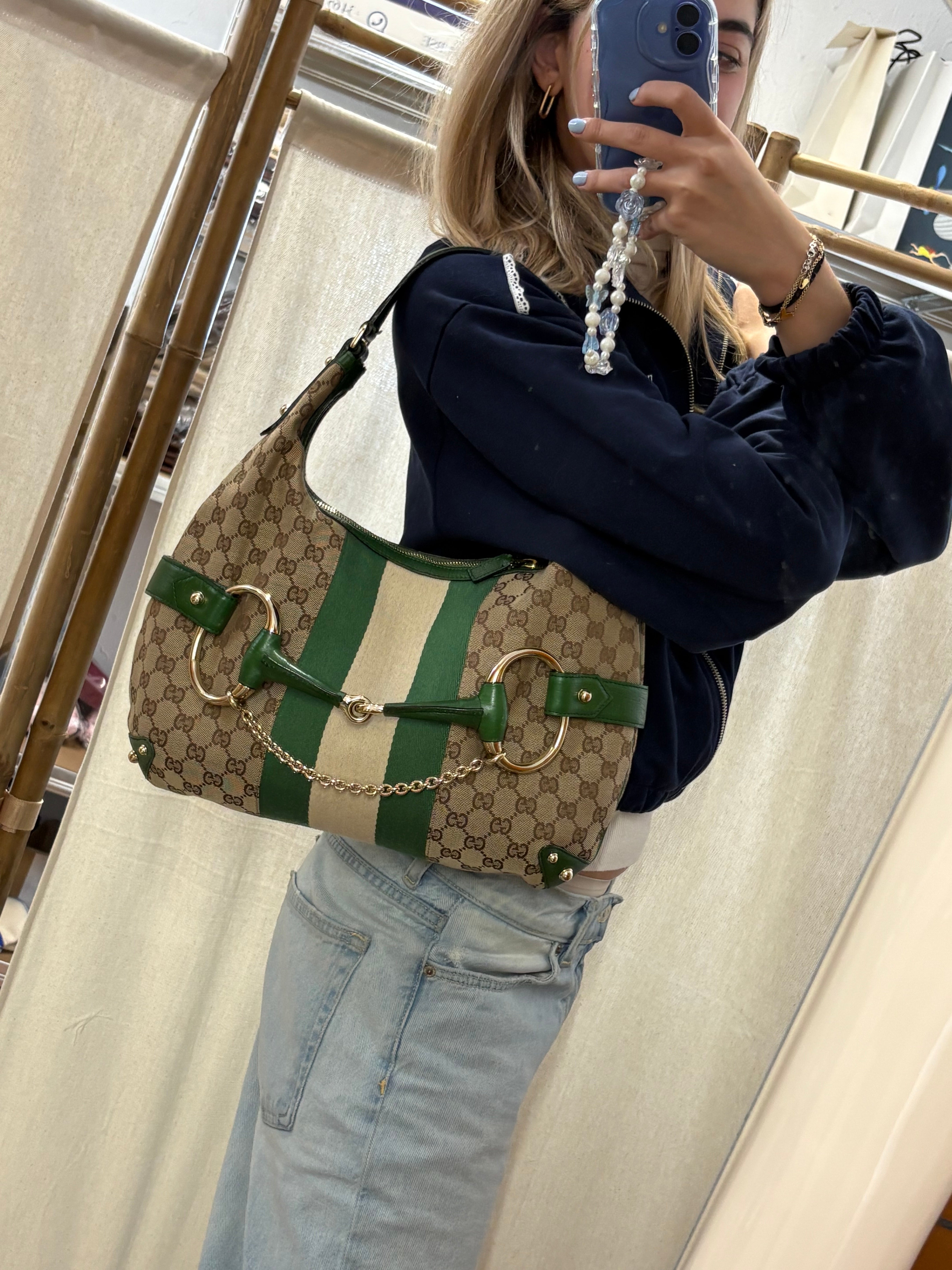 Gucci Horsebit Hobo chain large GG Canvas Verde Web