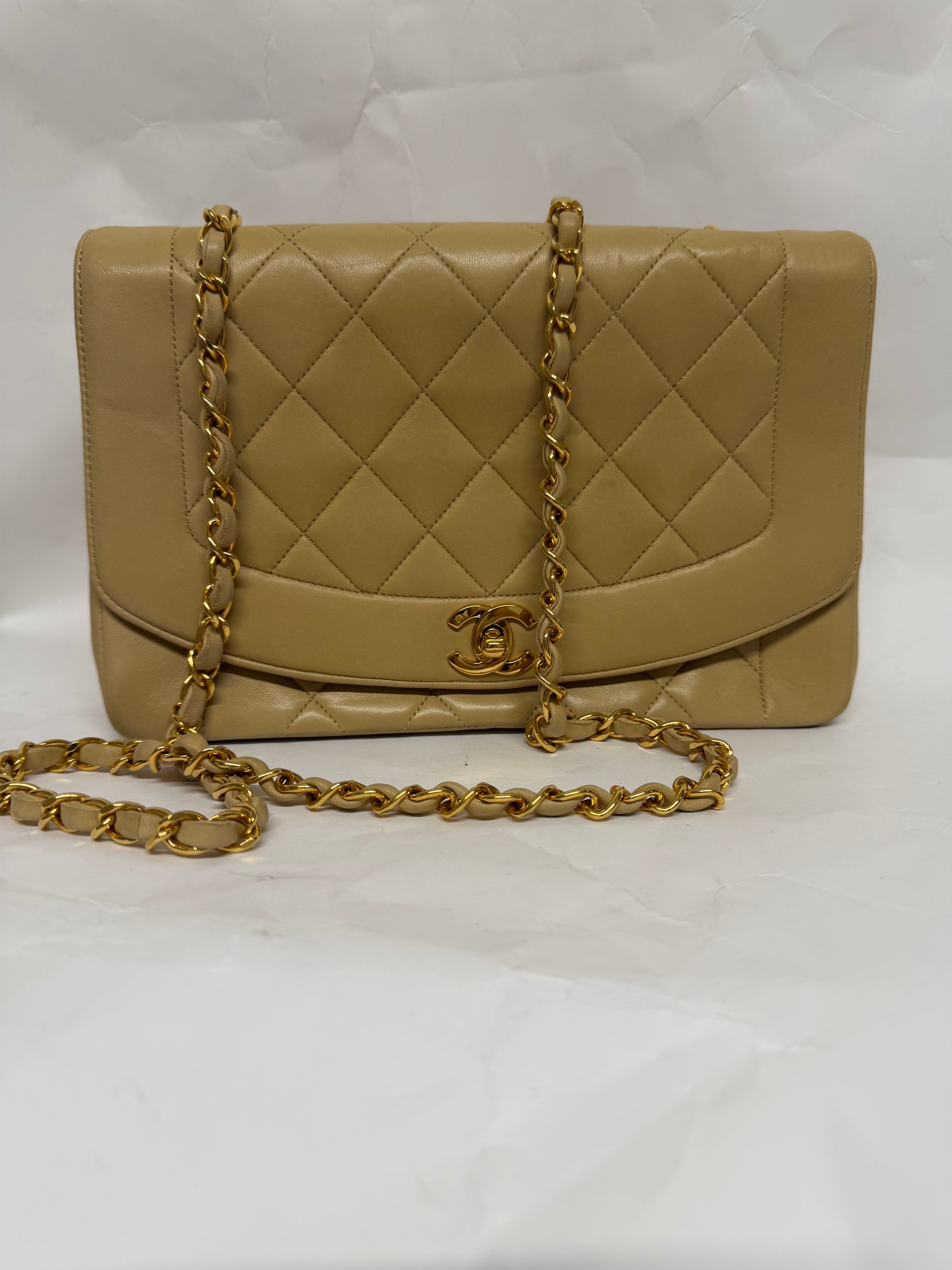Chanel Diana Matelassé Lambskin Chain Shoulder Bag | Beige