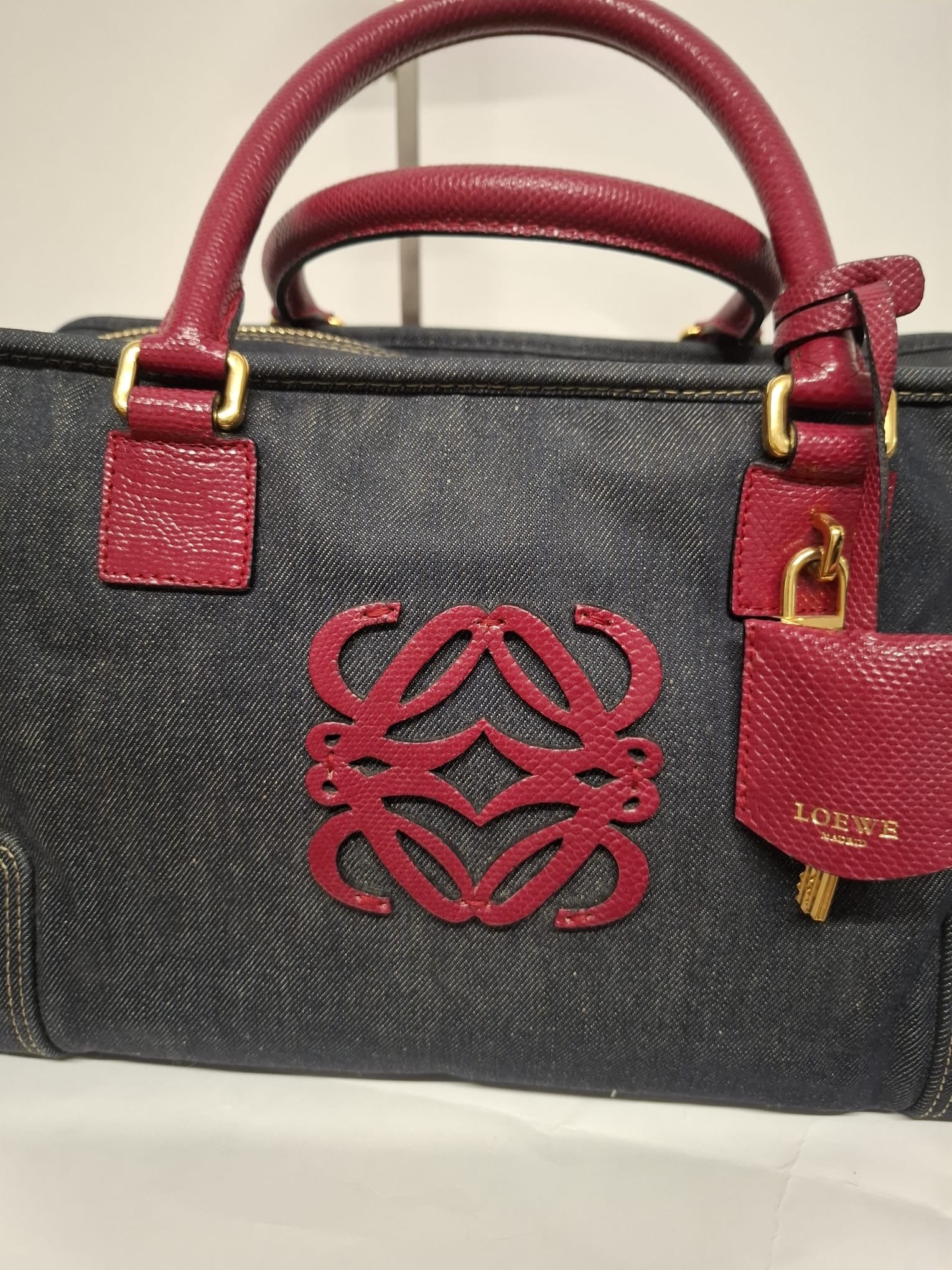 Loewe Amazona 36 Denim y Piel Rosa Efecto Lagarto