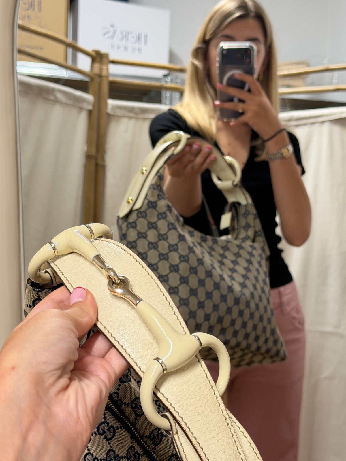 Gucci Horsebit Hobo Lona GG Azul Marino con Asa en Resina Marfil