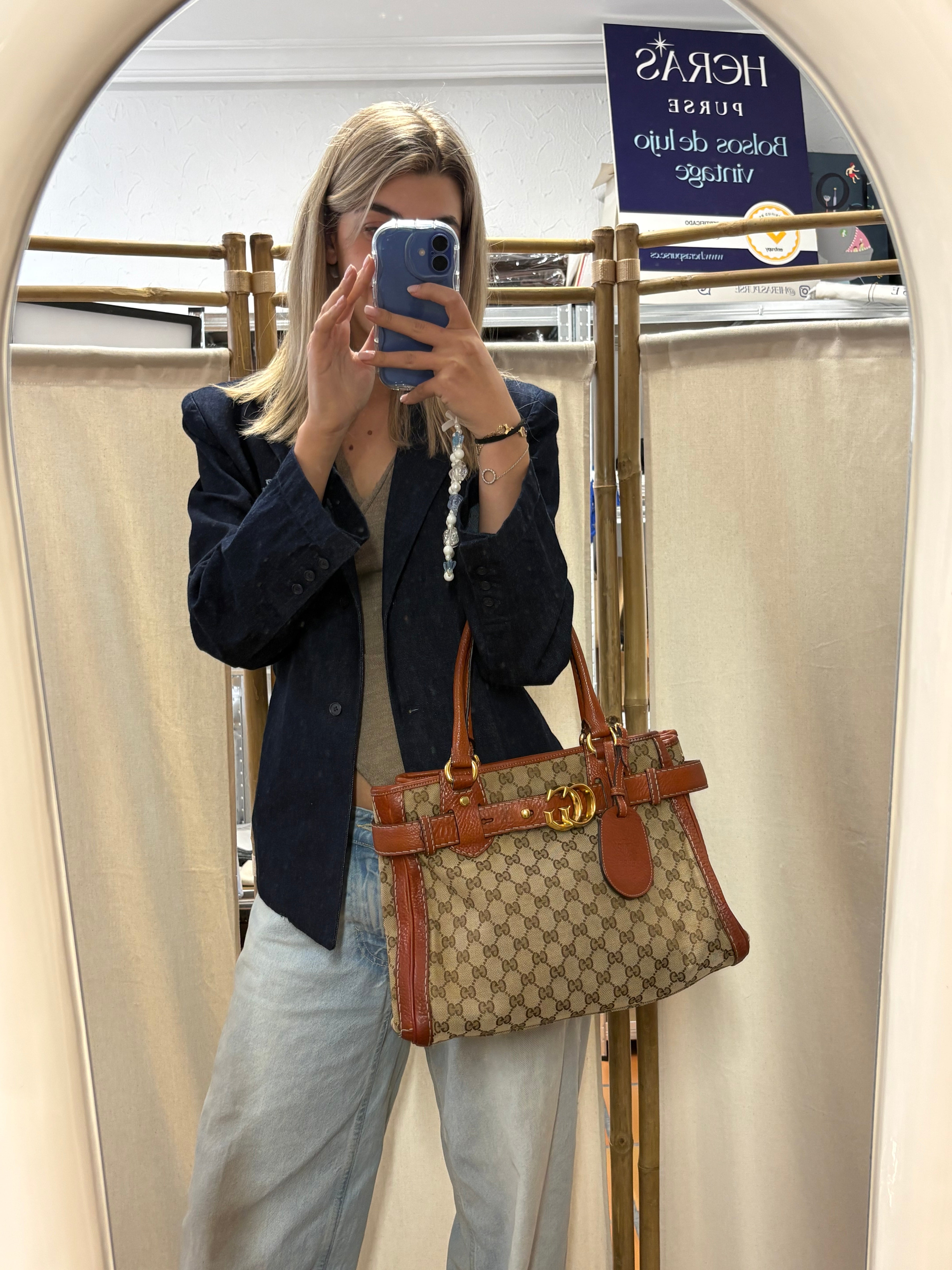 Gucci GG Marmont Tote Small en lona GG Supreme y piel marrón