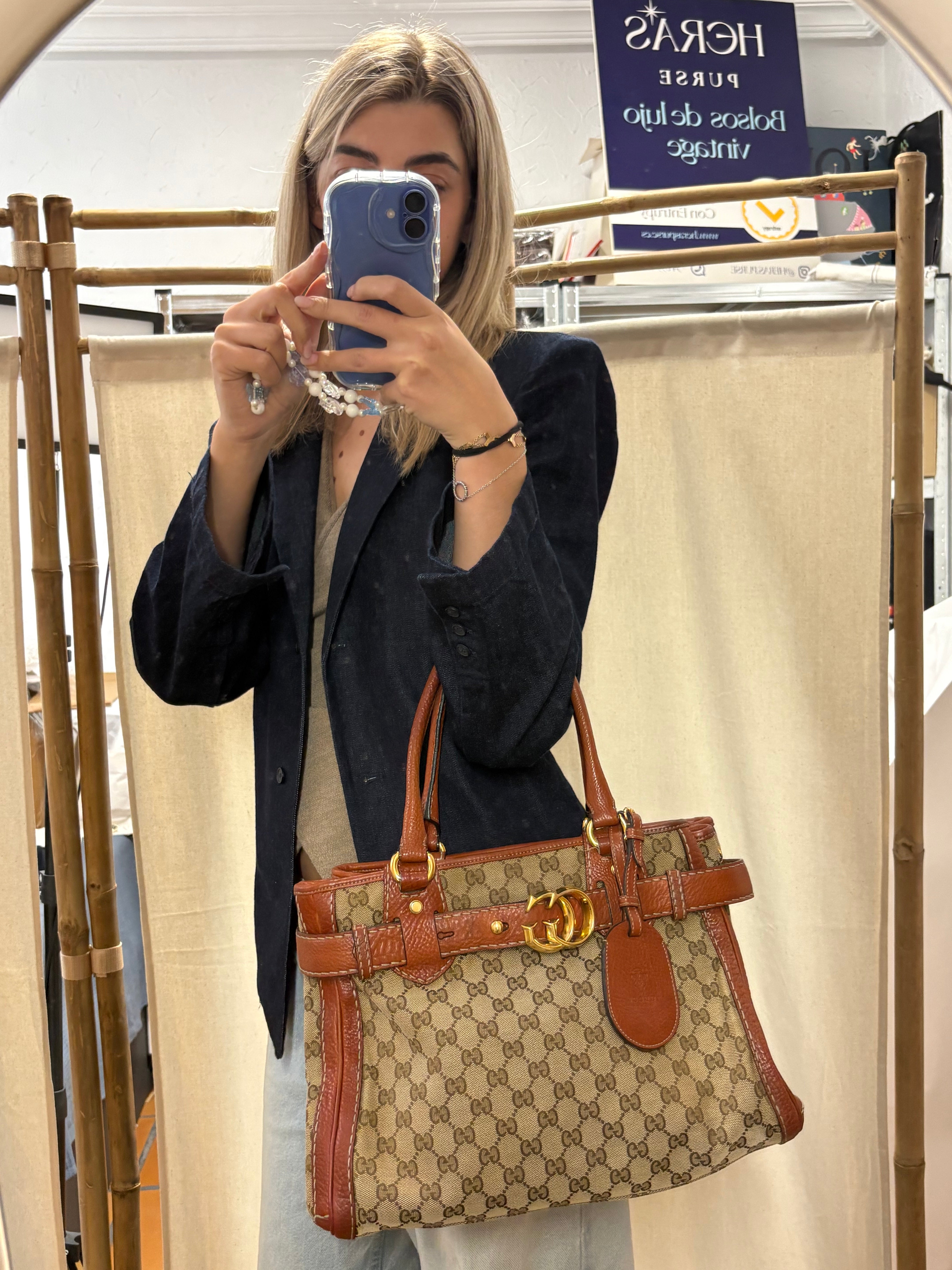 Gucci GG Marmont Tote Small en lona GG Supreme y piel marrón