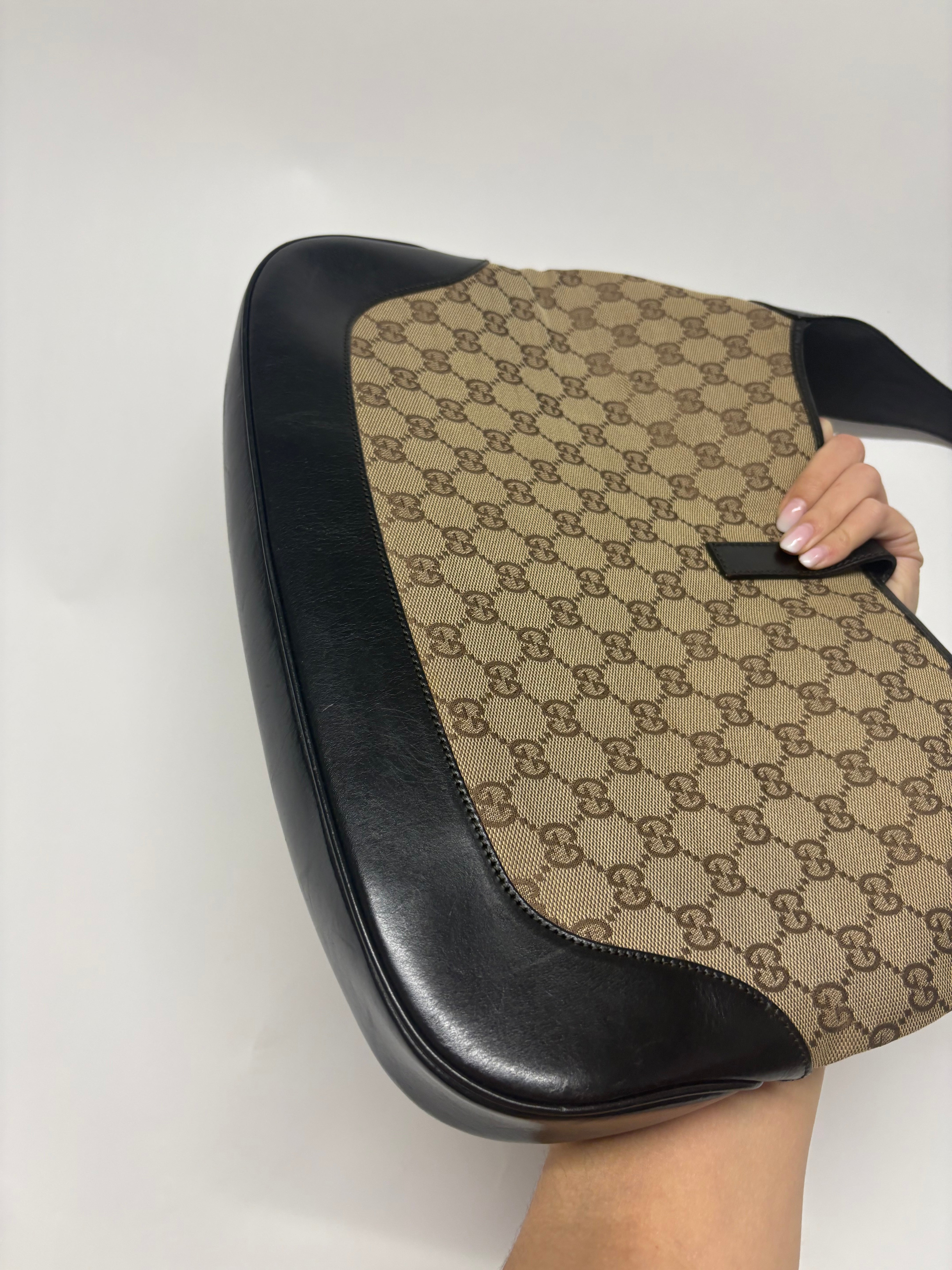 Gucci Jackie Grande Clásico Vintage | GG Canvas & Piel Marrón Oscuro