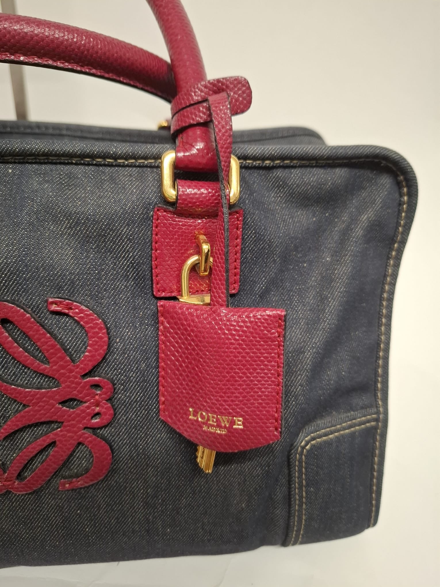 Loewe Amazona 36 Denim y Piel Rosa Efecto Lagarto