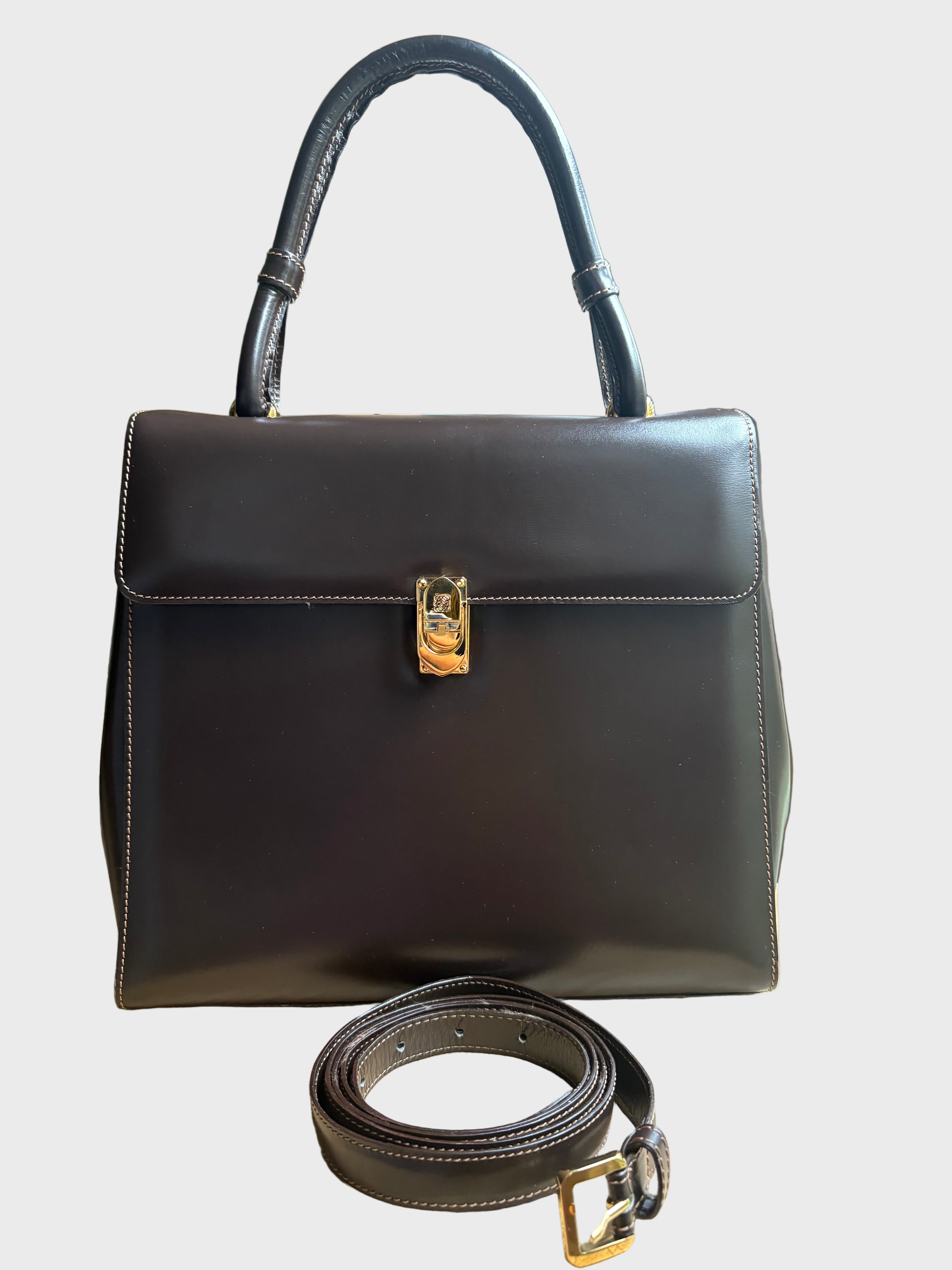 Bolso vintage Loewe de piel marrón oscuro con asa rígida y bandolera