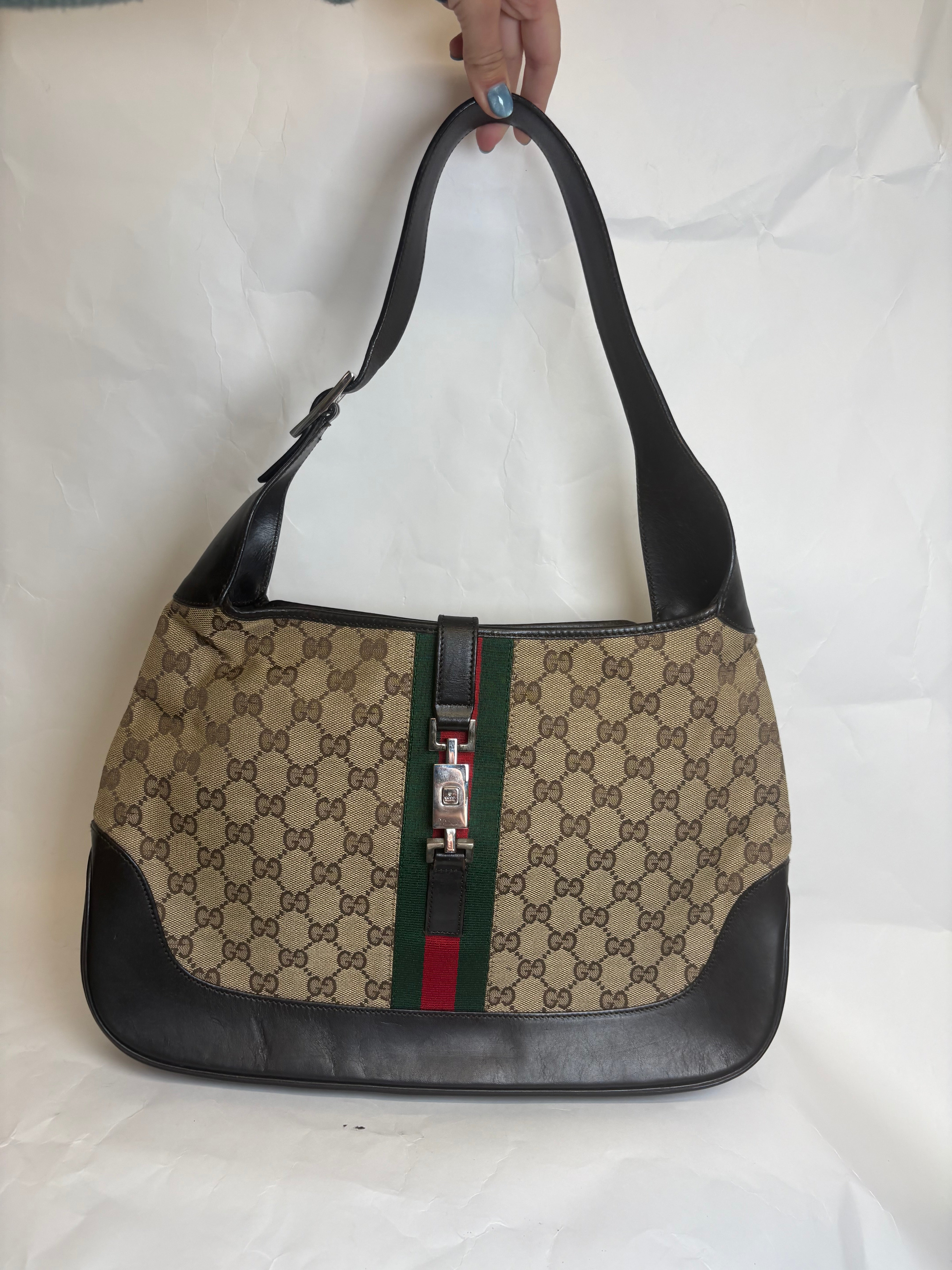 Gucci Jackie Grande Clásico Vintage | GG Canvas & Piel Marrón Oscuro