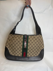 Gucci Jackie Grande Clásico Vintage | GG Canvas & Piel Marrón Oscuro