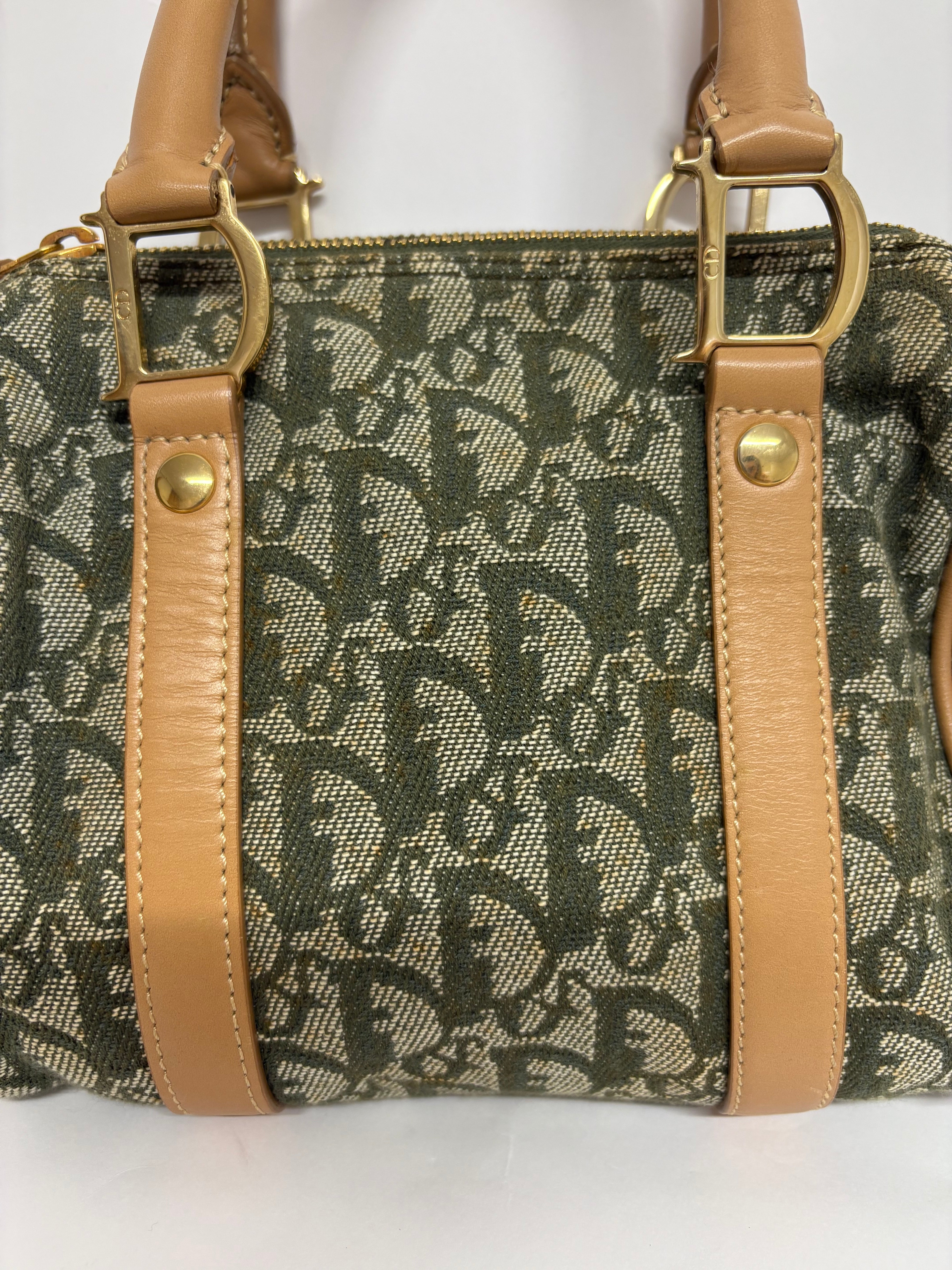 Christian Dior mini Trotter Boston Bag verde y beige con bandolera extra