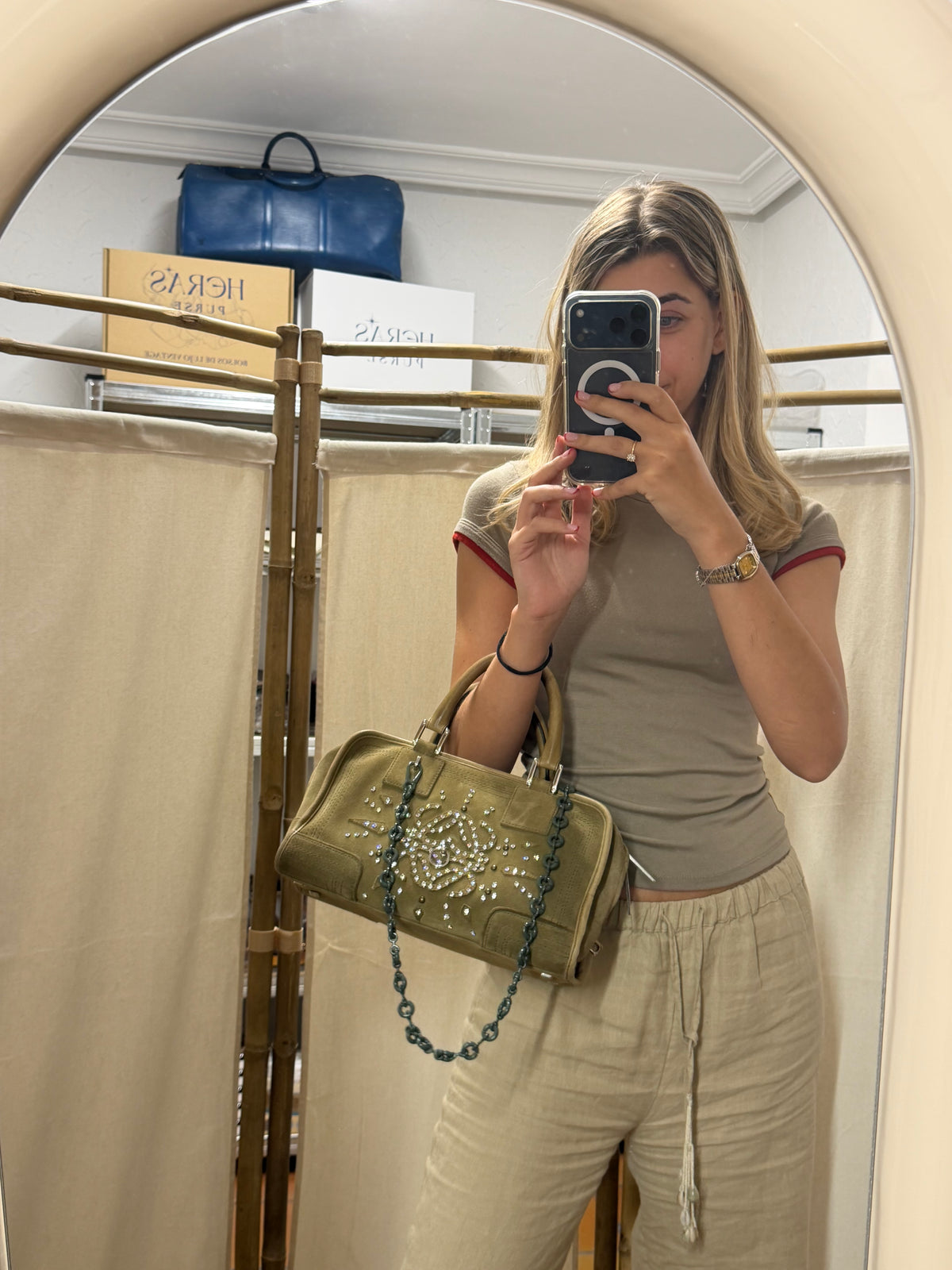 Loewe Amazona 28 Ante Caqui con Cristales de Swarovski · Herrajes Plata