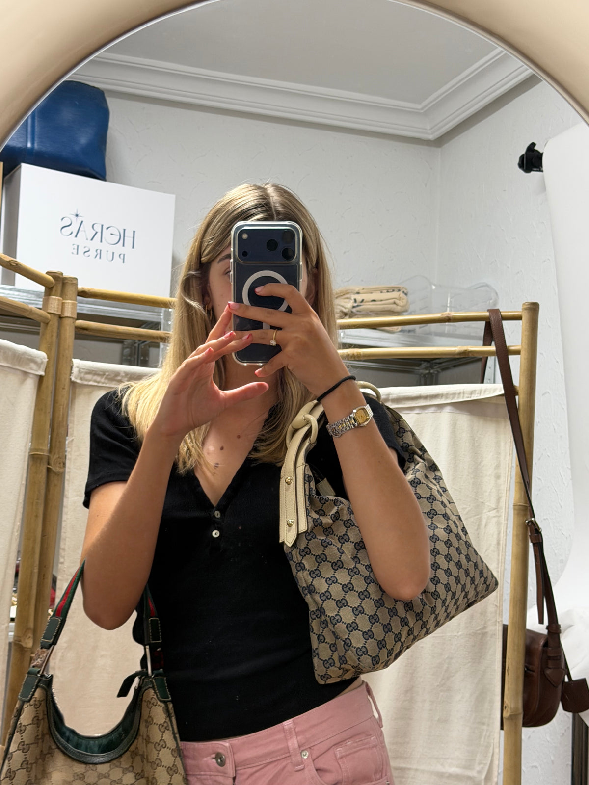 Gucci Horsebit Hobo Lona GG Azul Marino con Asa en Resina Marfil
