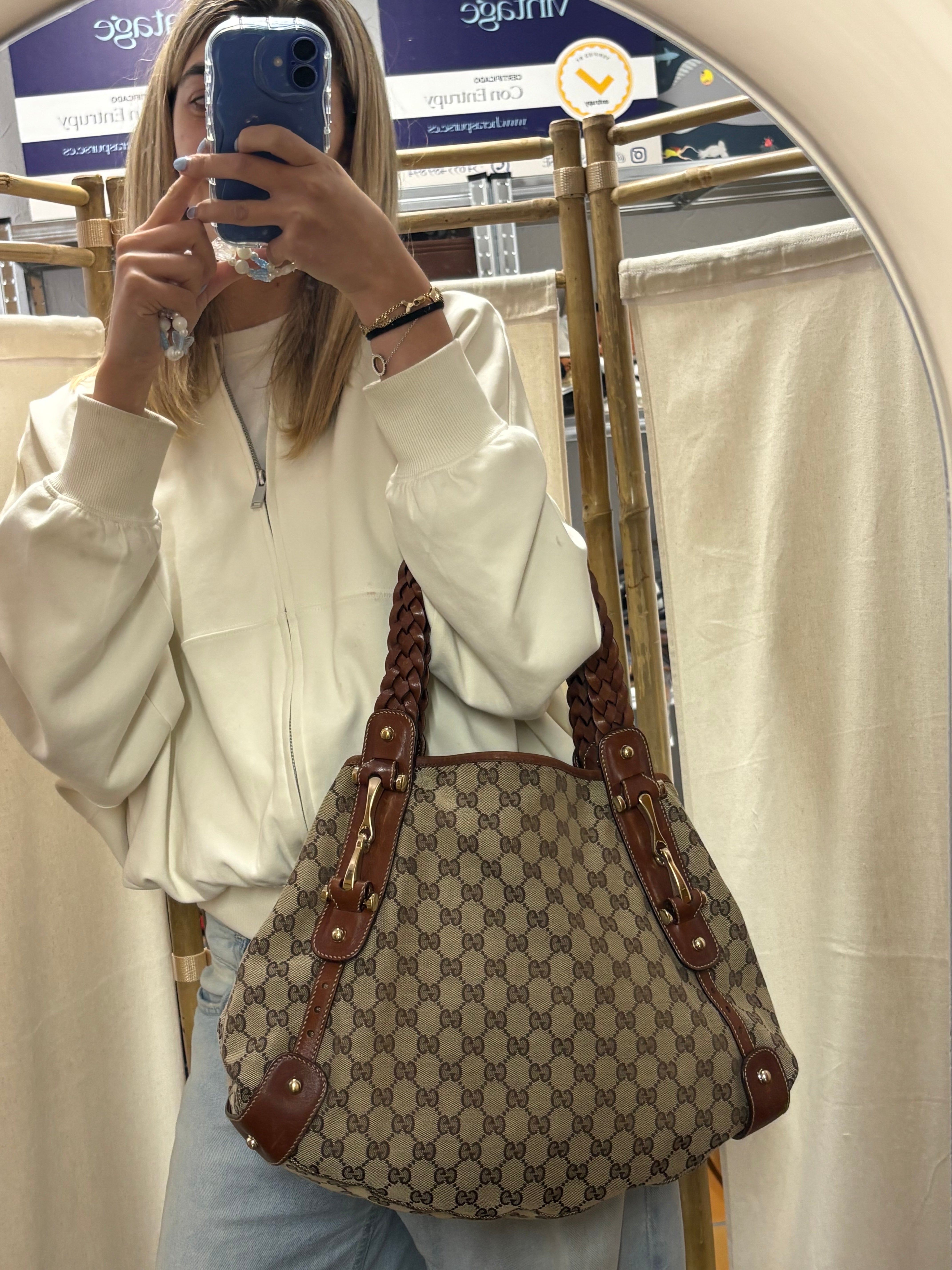 Gucci Pelham clásico en lona GG beige con piel marrón y asas trenzadas mediano