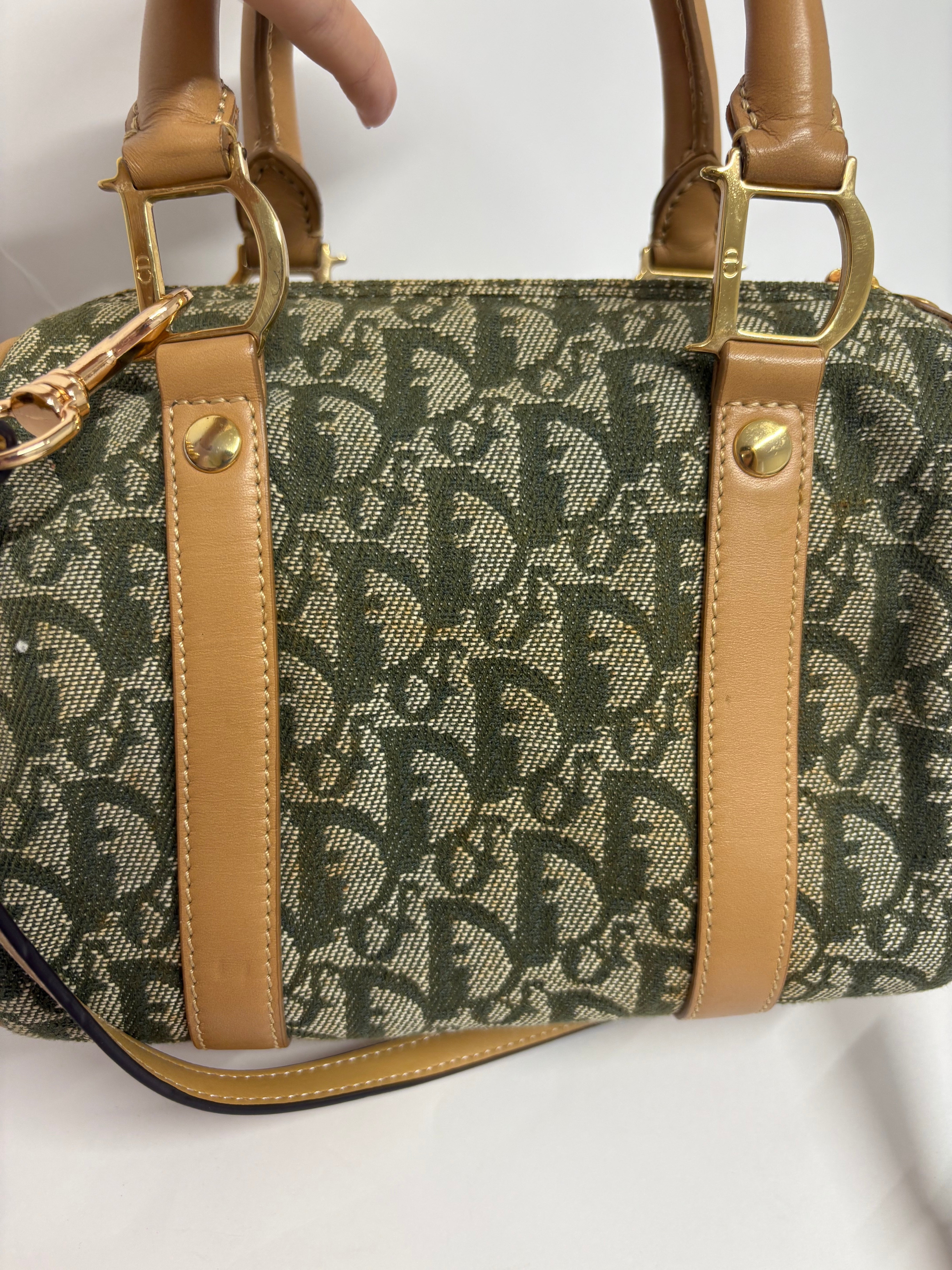 Christian Dior mini Trotter Boston Bag verde y beige con bandolera extra