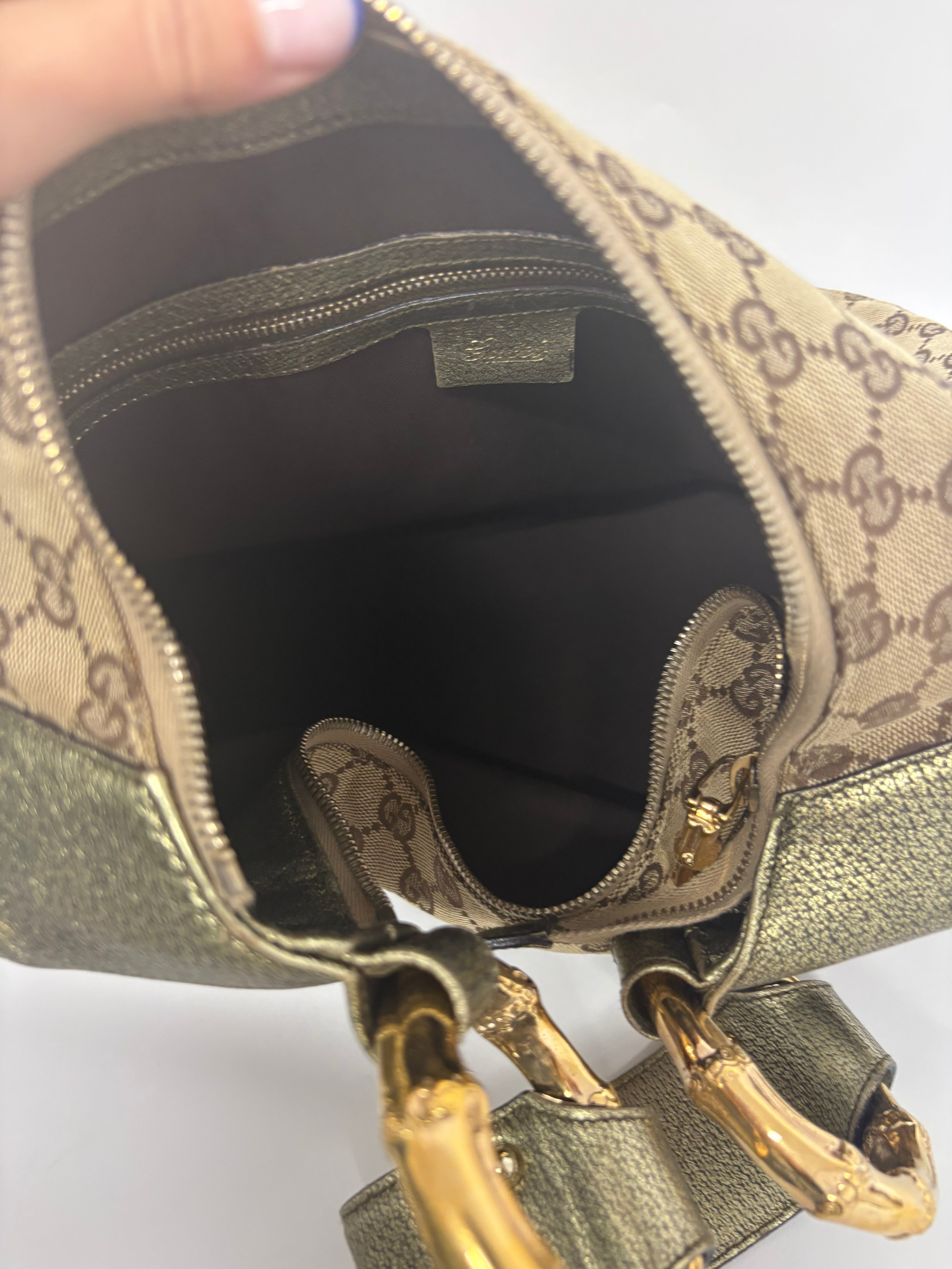 Gucci Bamboo ring  GG Canvas con Metal verde metalizado