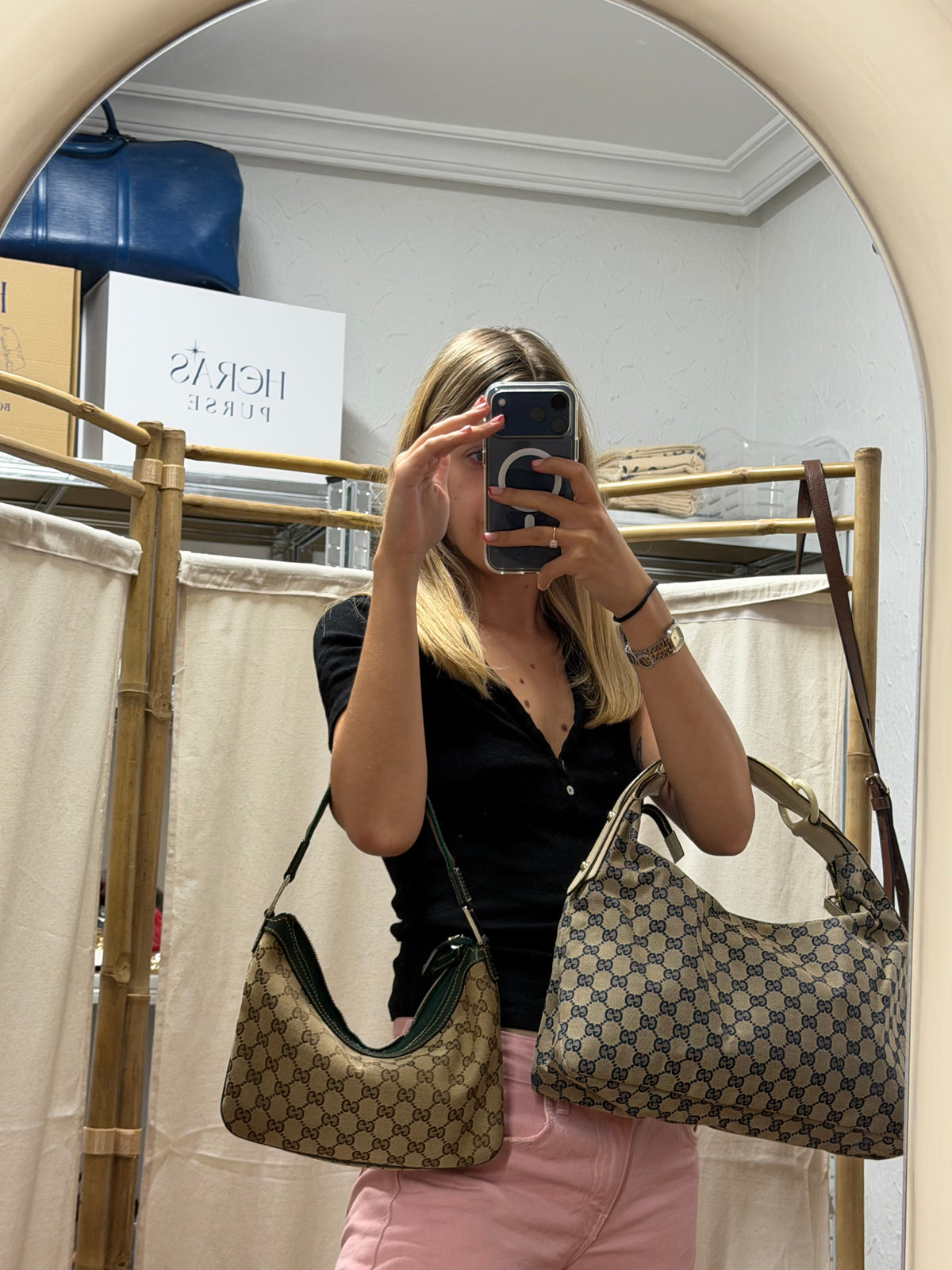 Gucci Horsebit Hobo Lona GG Azul Marino con Asa en Resina Marfil