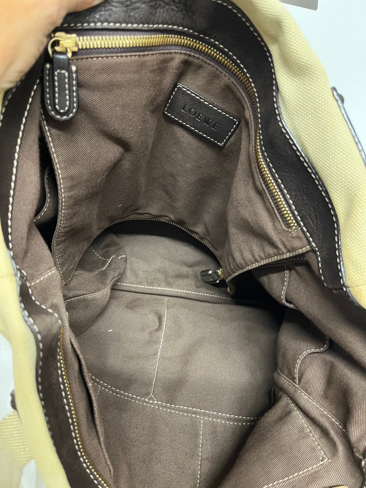 Loewe Tote Lona Crema con Anagrama en Piel Marrón y bandolera