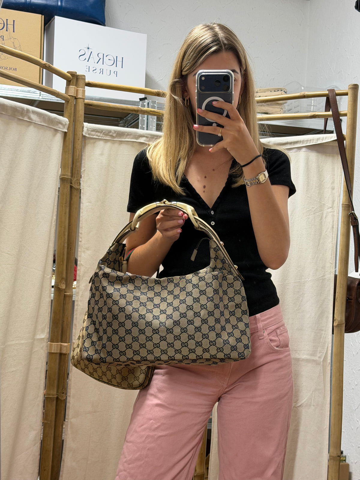 Gucci Horsebit Hobo Lona GG Azul Marino con Asa en Resina Marfil