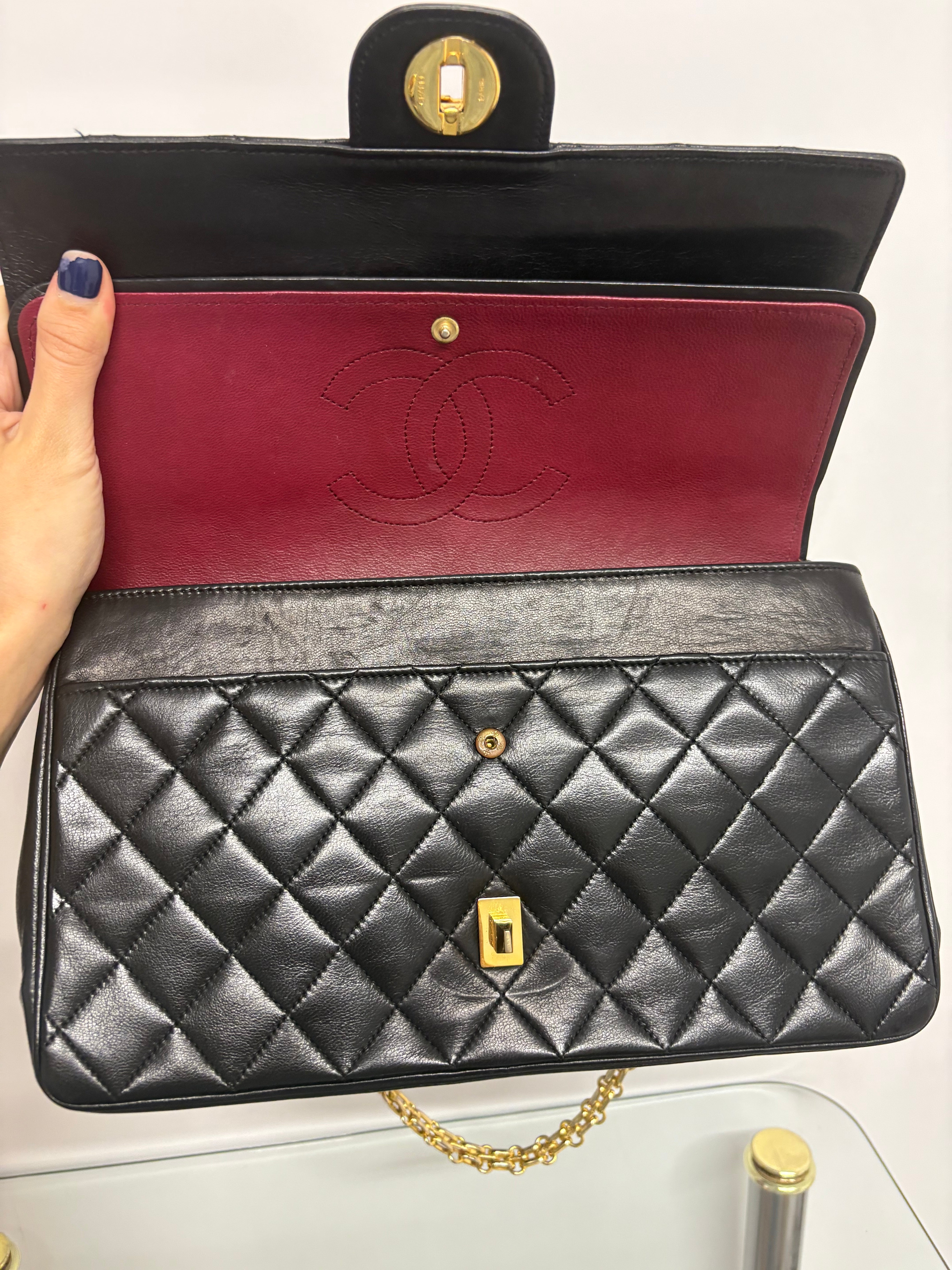Chanel Timeless Double Flap piel de cordero negra – cadena dorada 2.55 - 24k