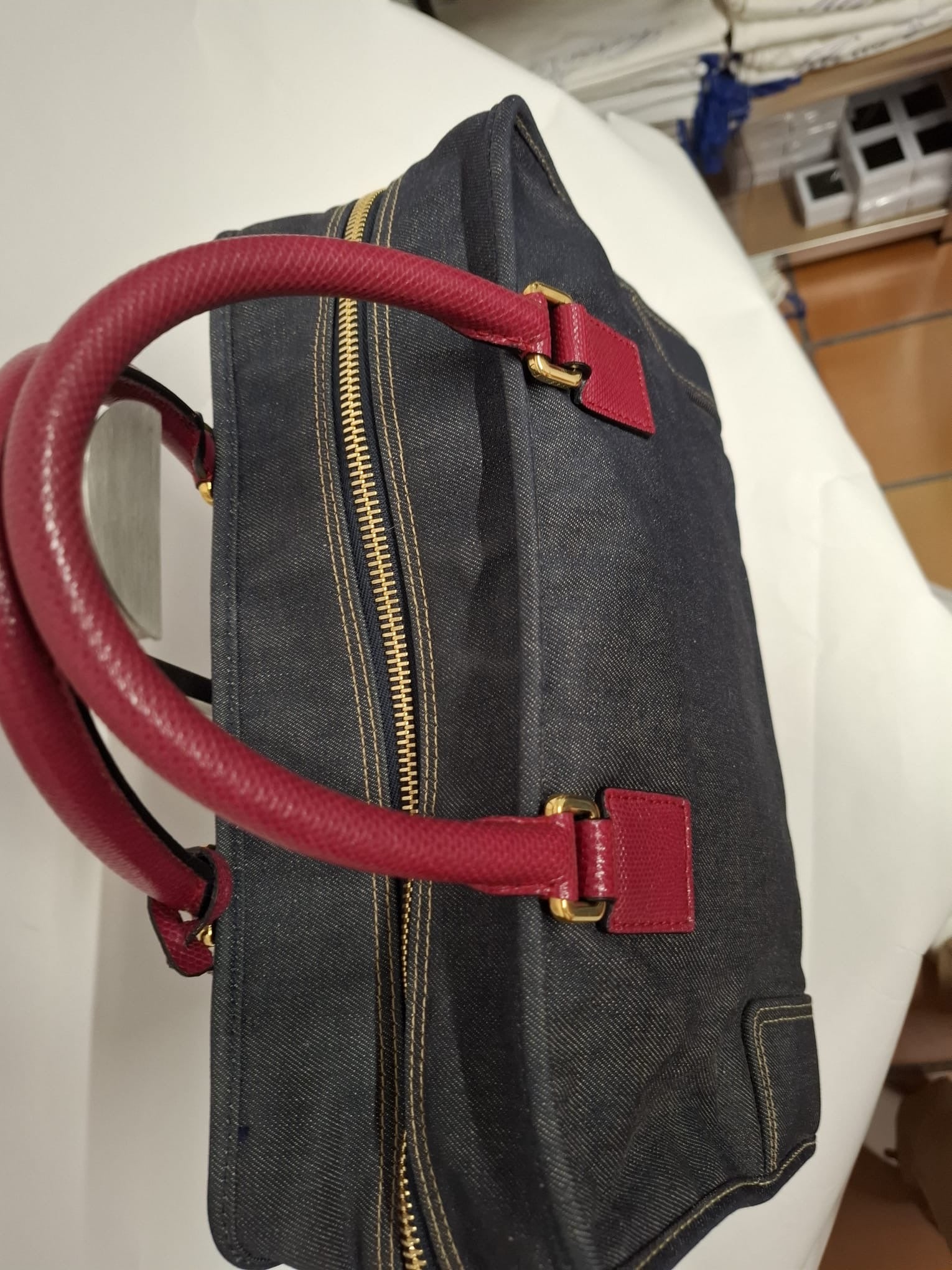 Loewe Amazona 36 Denim y Piel Rosa Efecto Lagarto