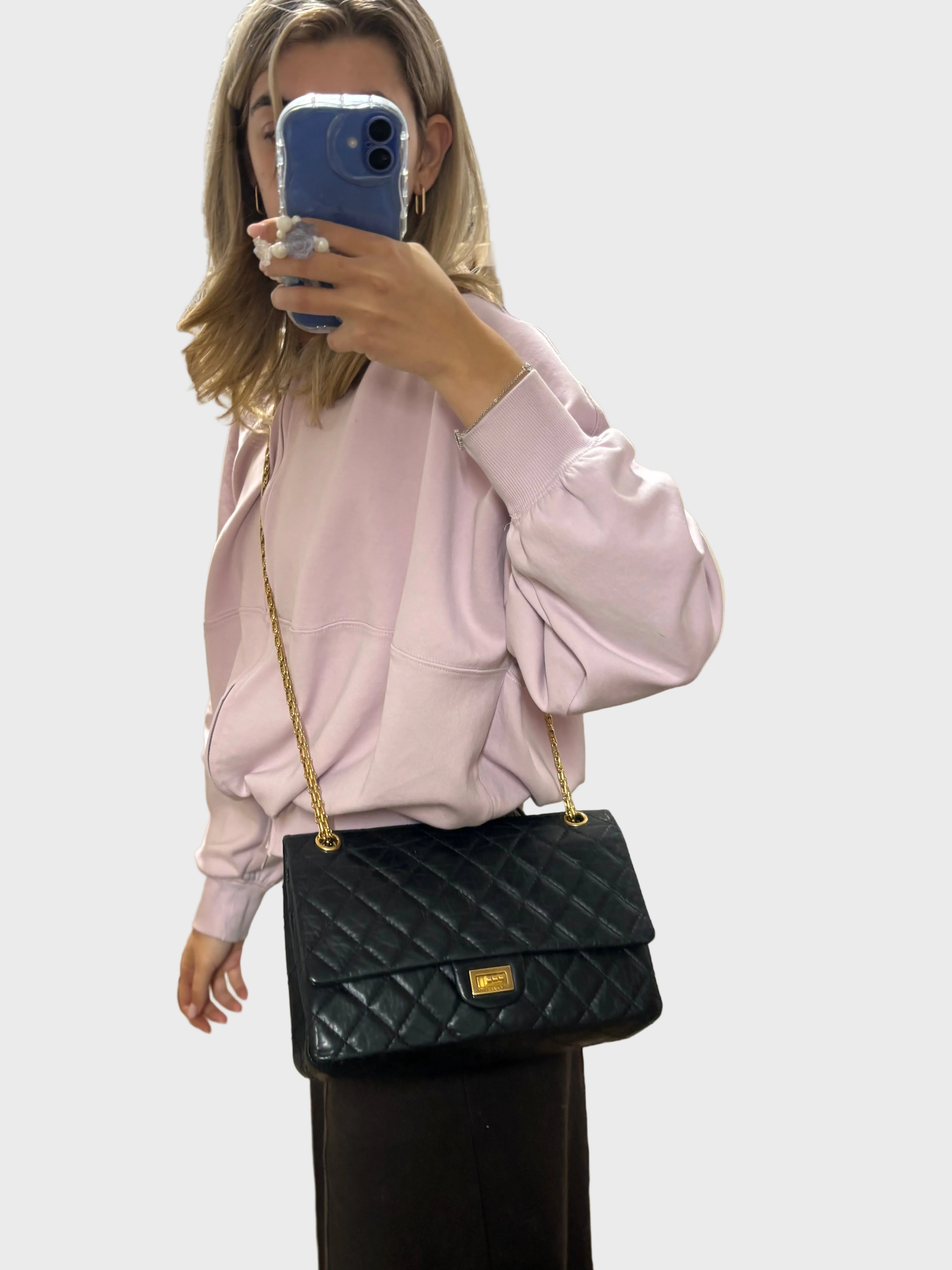 Chanel 2.55 Classic Timeless Mediano Negro Doble Solapa Piel de Ternera Envejecida