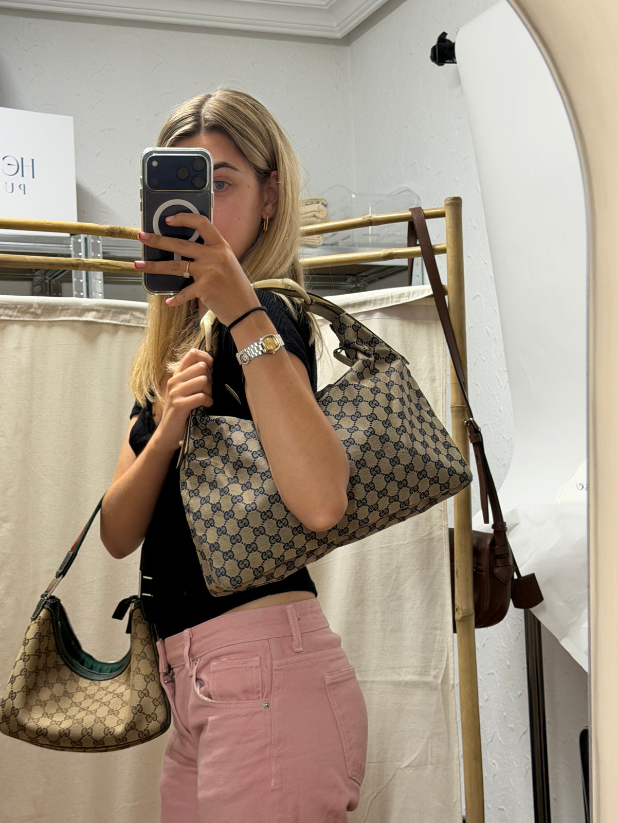 Gucci Horsebit Hobo Lona GG Azul Marino con Asa en Resina Marfil