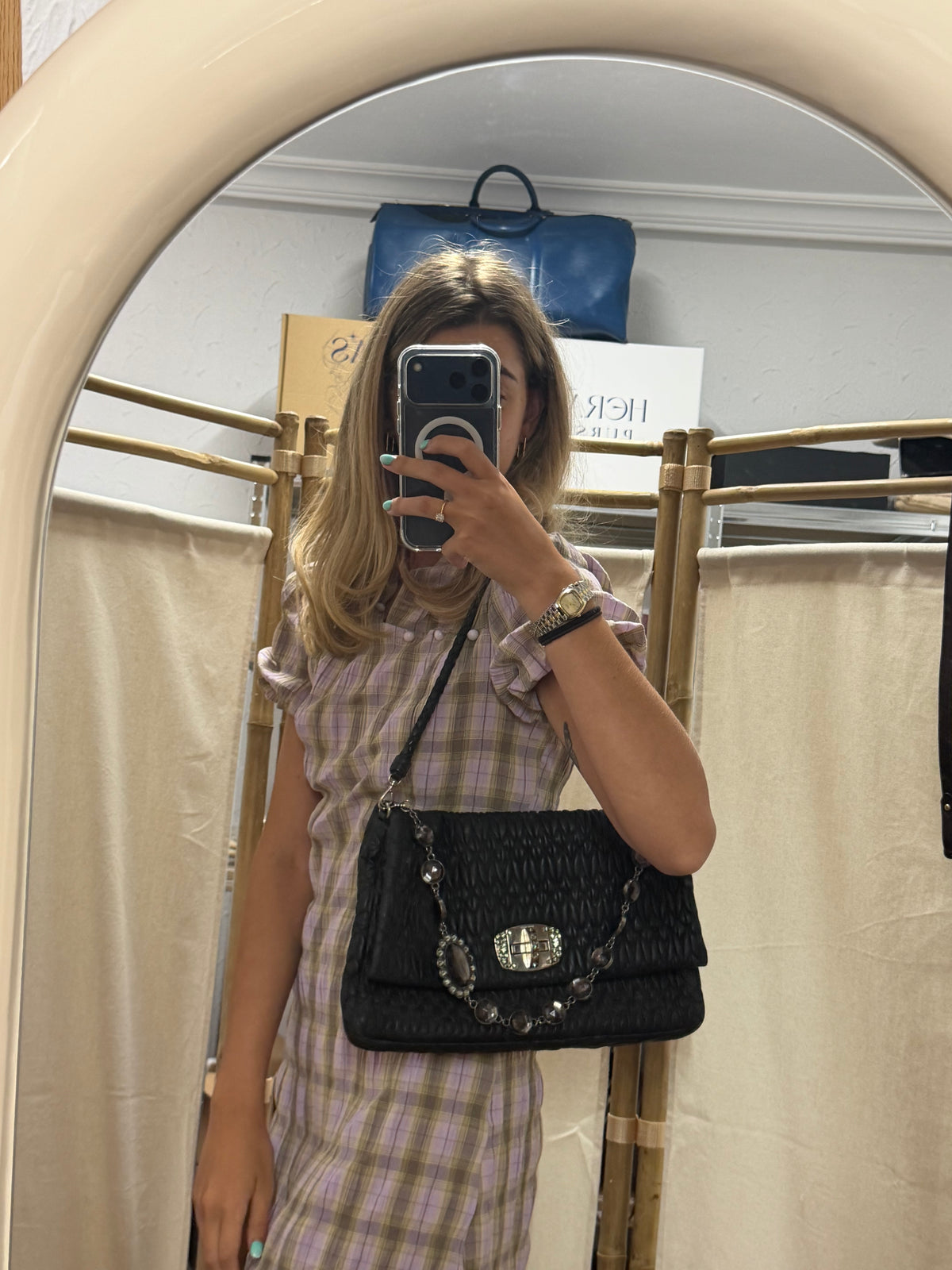 Miu Miu Matelassé Crystal Chain Napa Negra