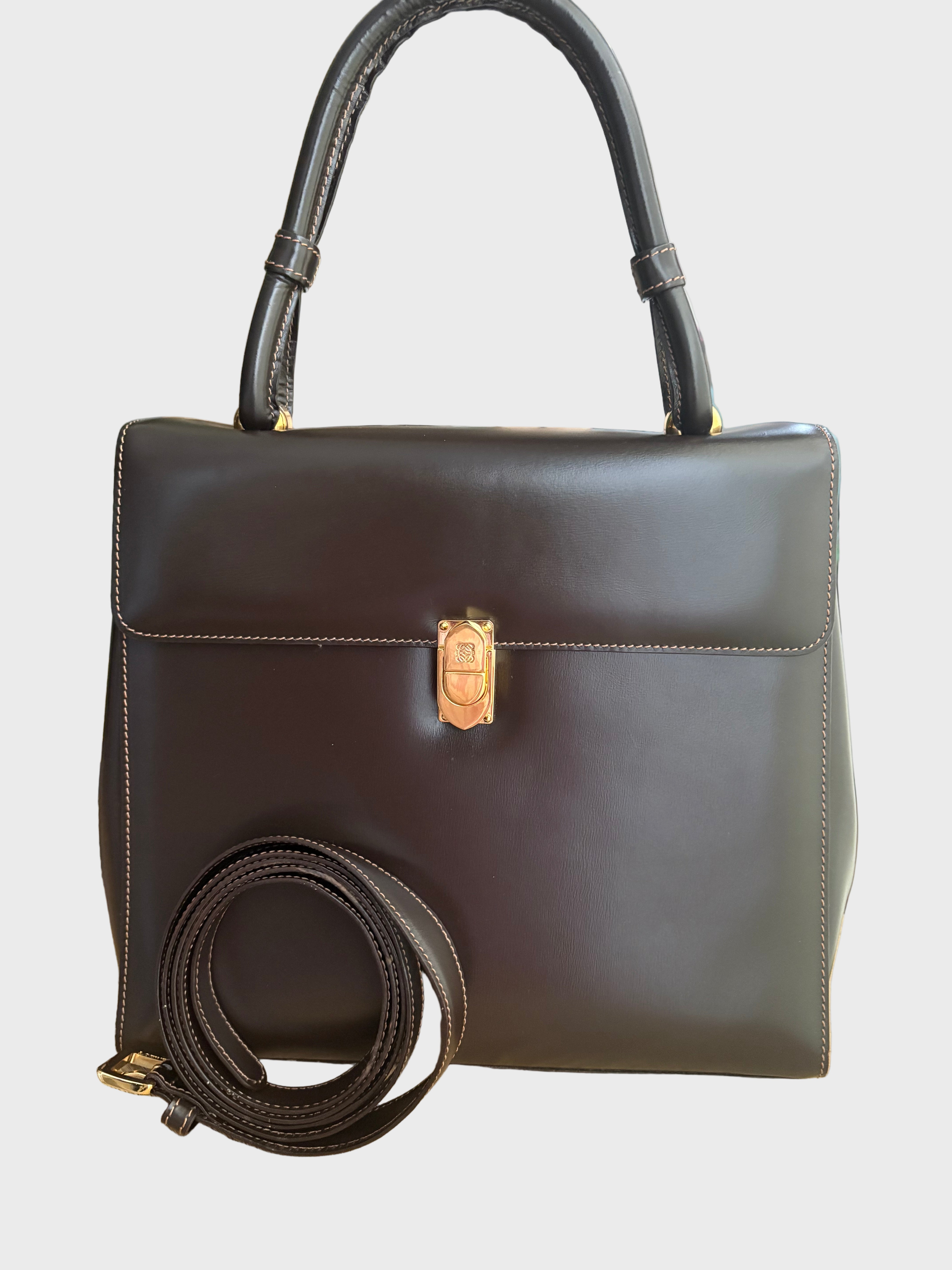 Bolso vintage Loewe de piel marrón oscuro con asa rígida y bandolera
