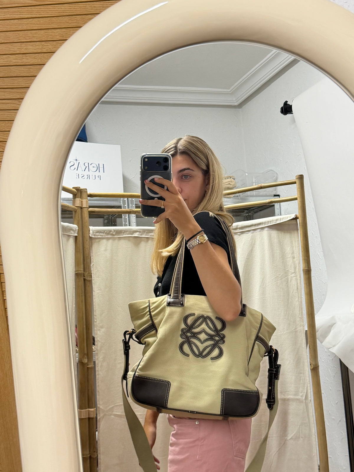 Loewe Tote Lona Crema con Anagrama en Piel Marrón y bandolera