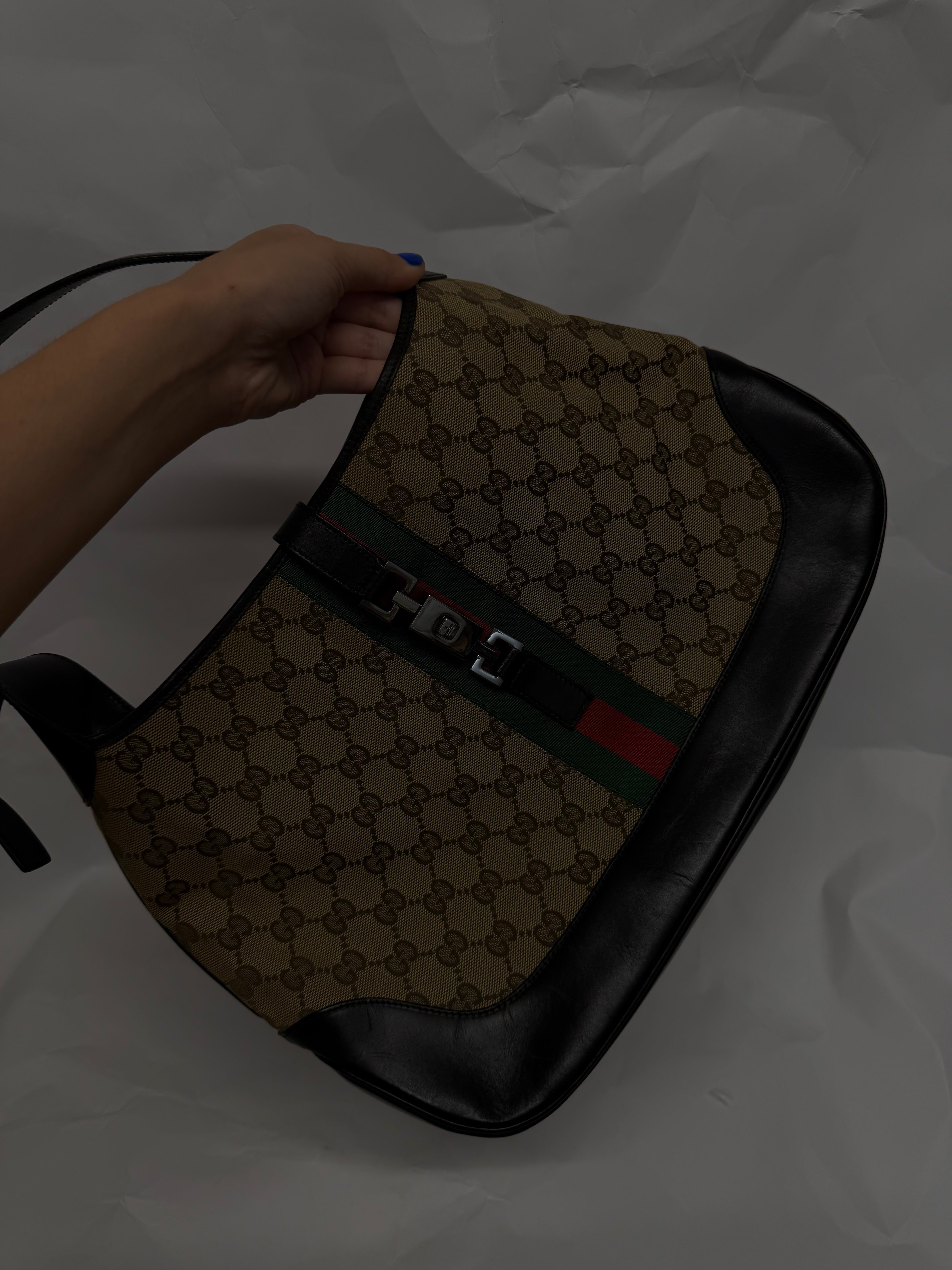 Gucci Jackie Grande Clásico Vintage | GG Canvas & Piel Marrón Oscuro
