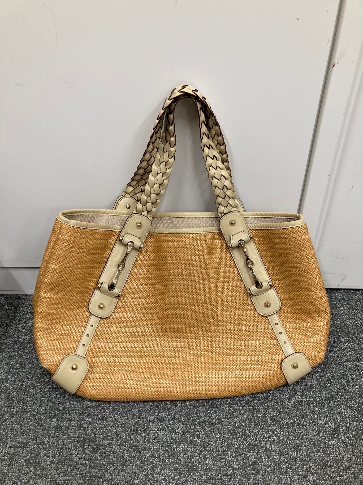 Gucci Horsebit Tote Bag en rafia y piel beige trenzada