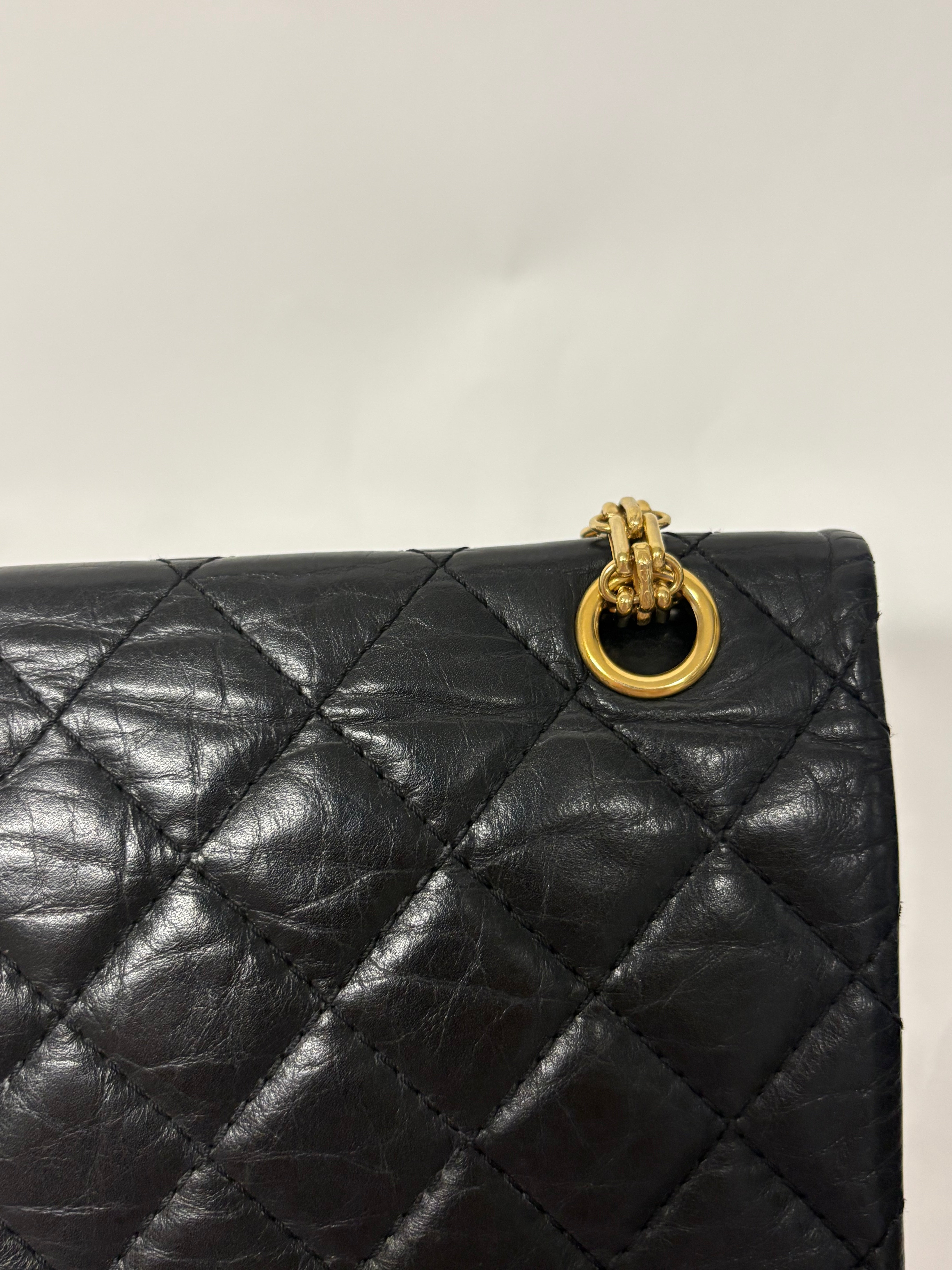 Chanel 2.55 Classic Timeless Mediano Negro Doble Solapa Piel de Ternera Envejecida