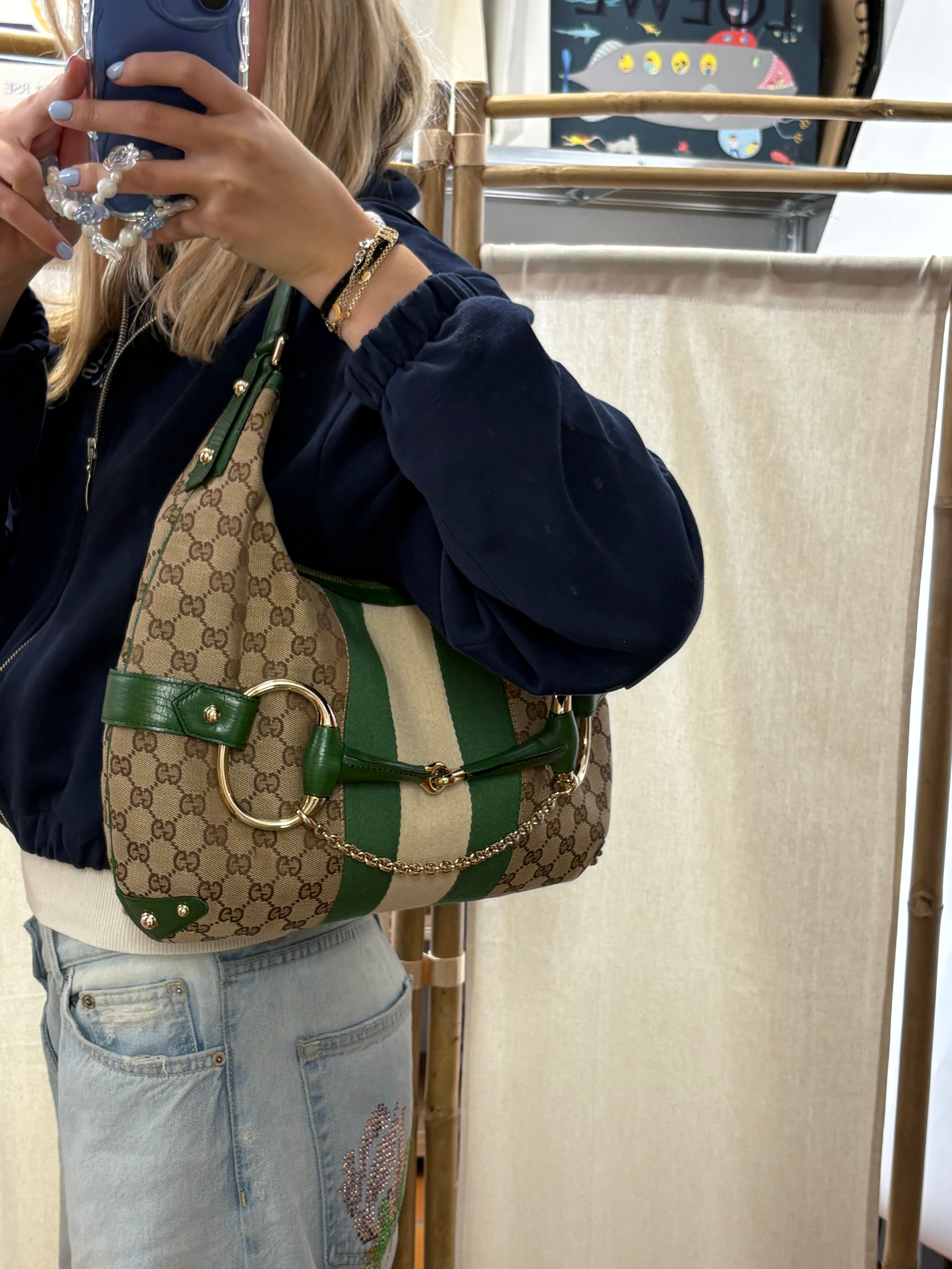 Gucci Horsebit Hobo chain large GG Canvas Verde Web