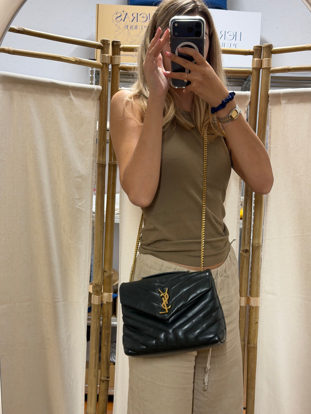 Saint Laurent LouLou Small Piel de Becerro Matelassé Verde Oscuro Full Set