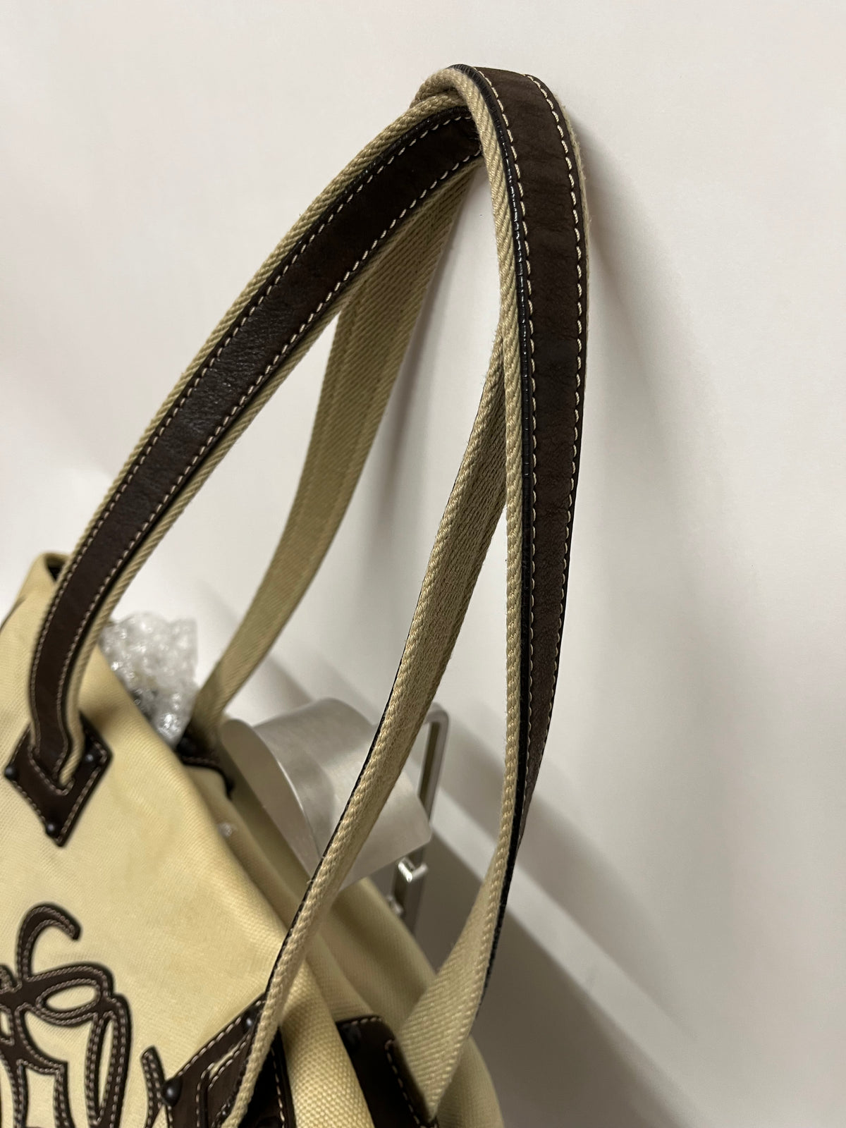 Loewe Tote Lona Crema con Anagrama en Piel Marrón y bandolera