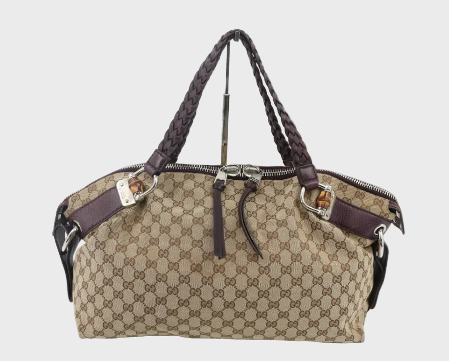 Gucci Pelham GG Canvas Marrón Oscuro / Berenjena · Piel trenzada · Gran formato