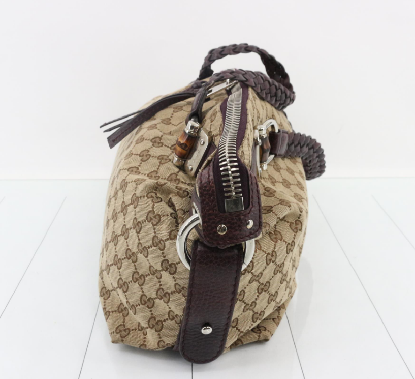 Gucci Pelham GG Canvas Marrón Oscuro / Berenjena · Piel trenzada · Gran formato