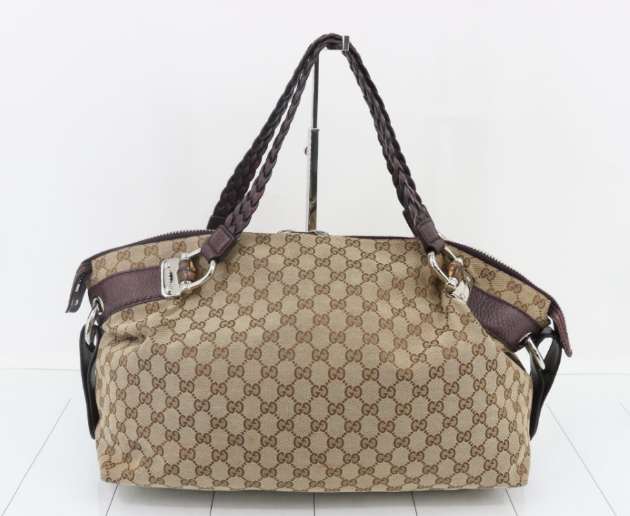Gucci Pelham GG Canvas Marrón Oscuro / Berenjena · Piel trenzada · Gran formato