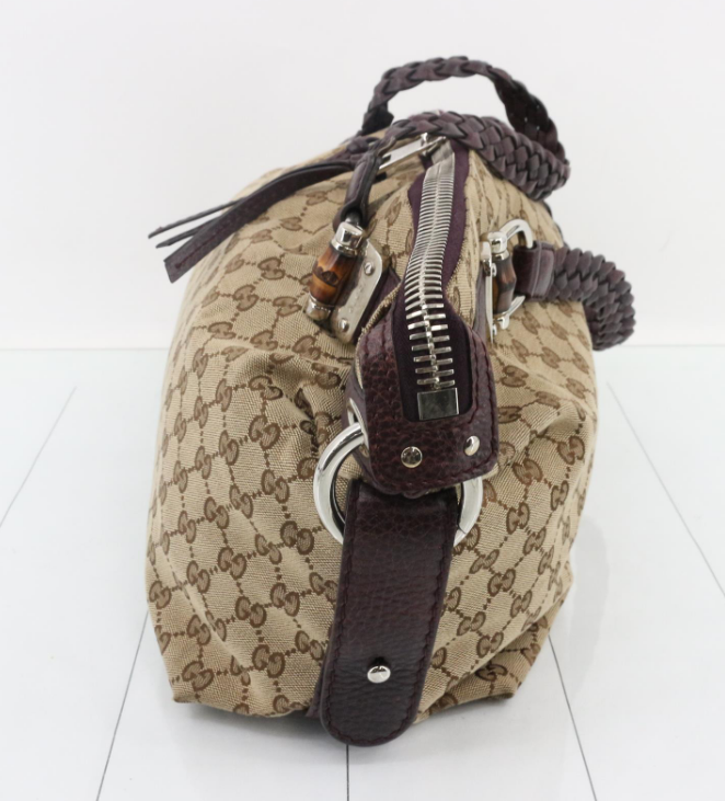 Gucci Pelham GG Canvas Marrón Oscuro / Berenjena · Piel trenzada · Gran formato