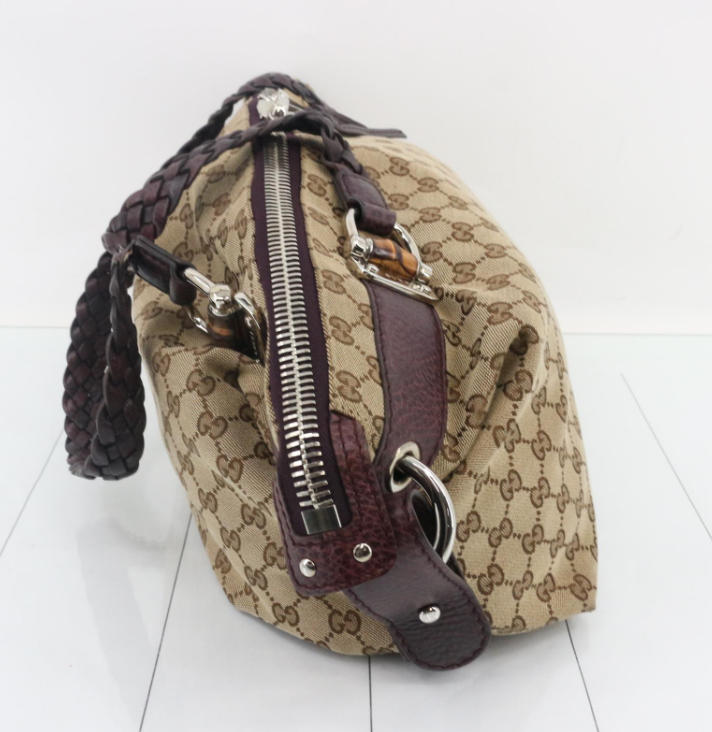 Gucci Pelham GG Canvas Marrón Oscuro / Berenjena · Piel trenzada · Gran formato