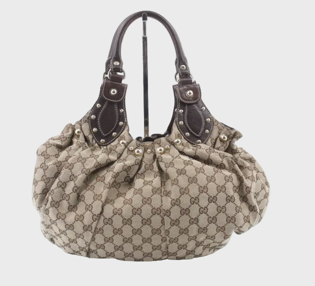 Gucci Pelham Tote GG Supreme Beige con Asas de Piel Marrón y Tachuelas Doradas mediano
