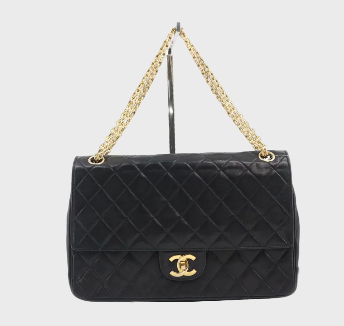 Chanel Timeless 27 Doble Solapa Negra  Classic Flap Medium – 2.55 Cadena Dorada