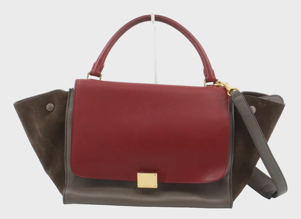 CélineTrapeze Medium Piel gris topo y ante marrón con solapa burdeos