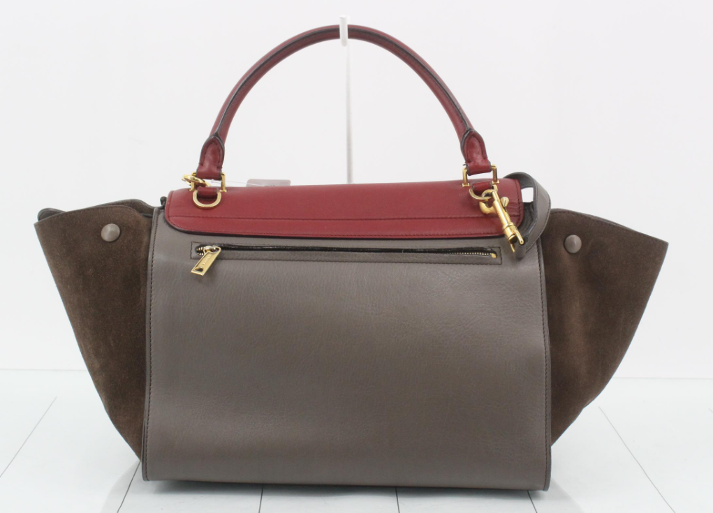 CélineTrapeze Medium Piel gris topo y ante marrón con solapa burdeos