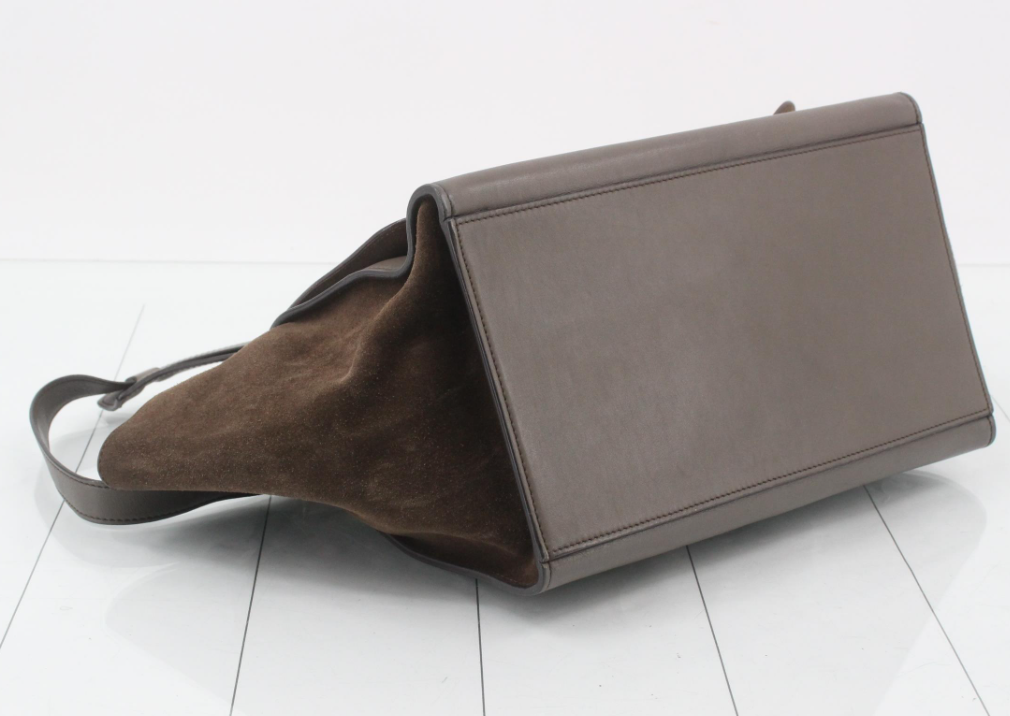 CélineTrapeze Medium Piel gris topo y ante marrón con solapa burdeos